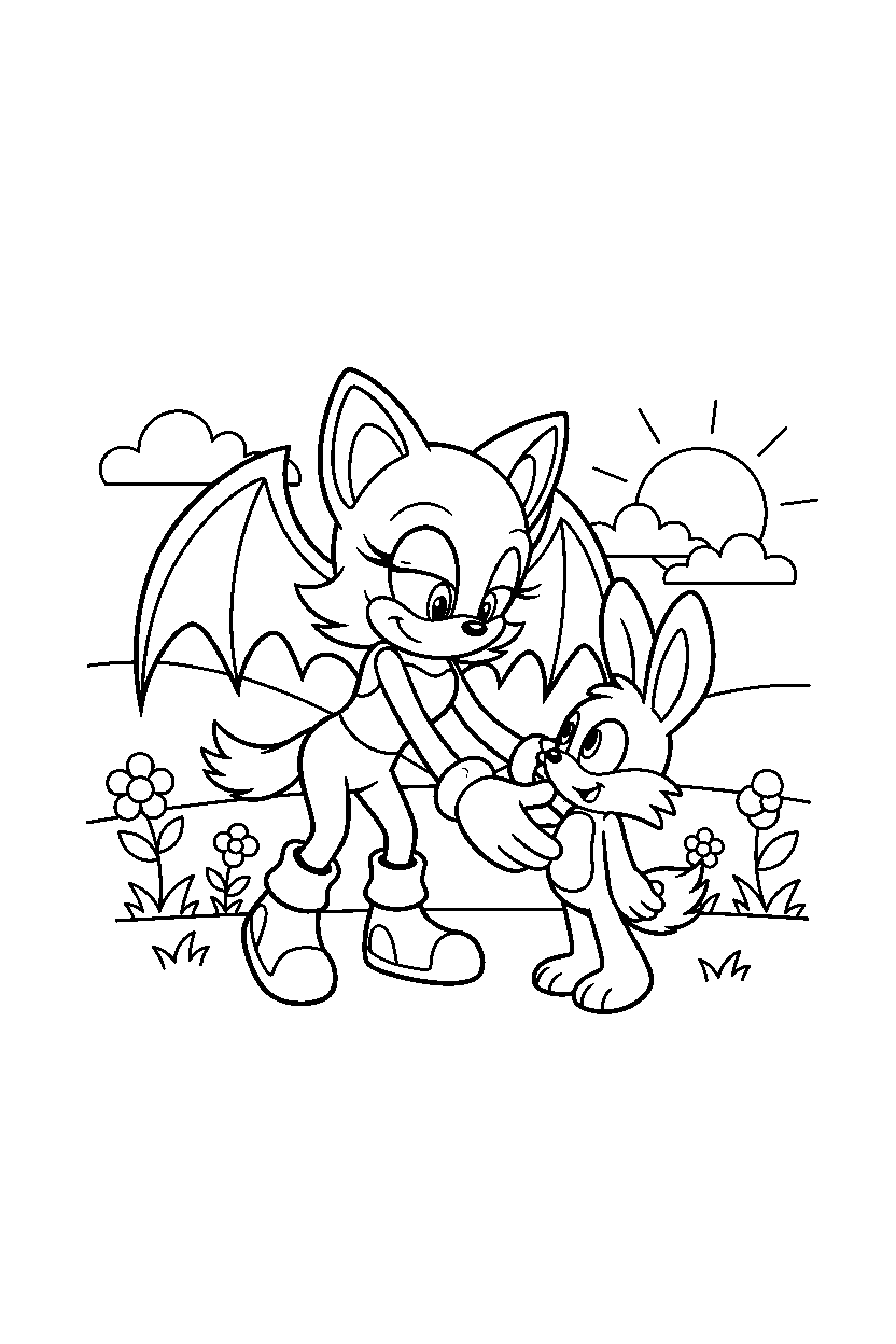 rouge the bat helping a friend in a peaceful meadow line art
