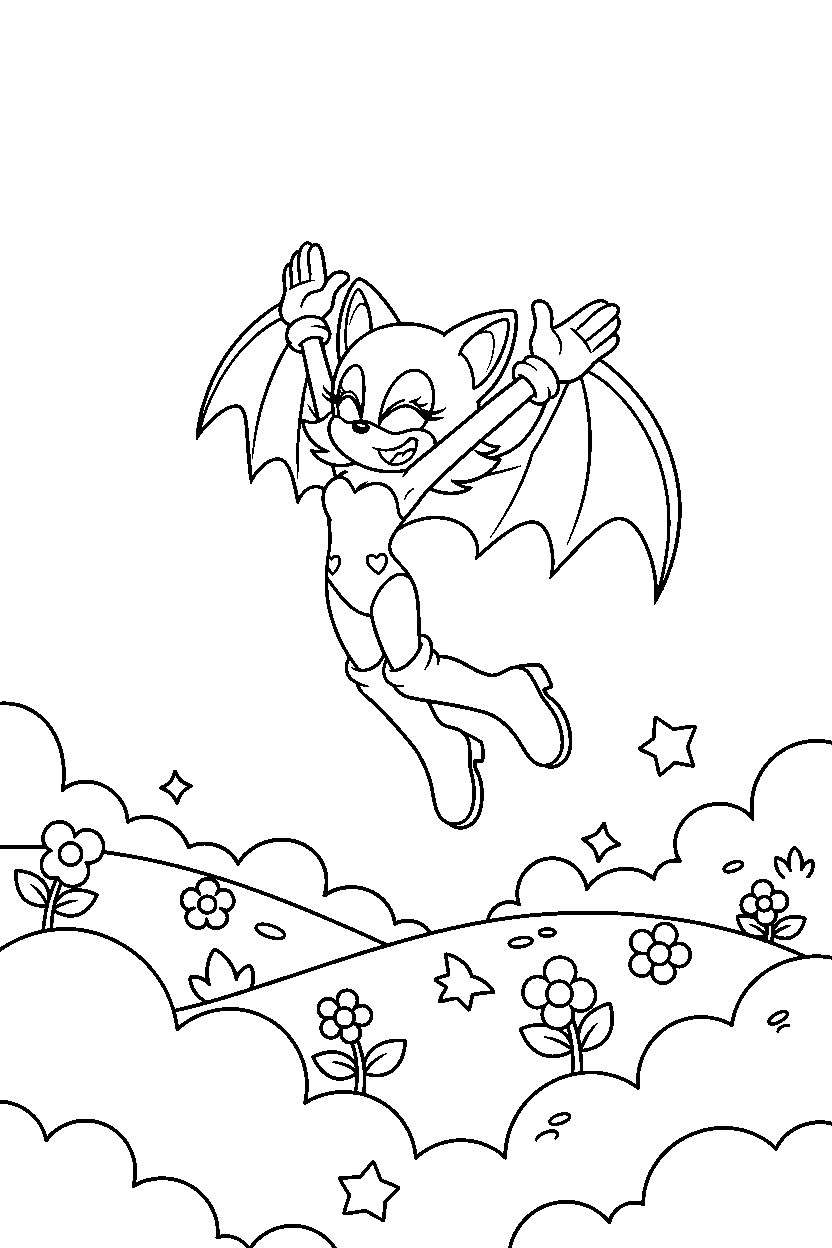 rouge the bat jumping with joy in a sky meadow line art