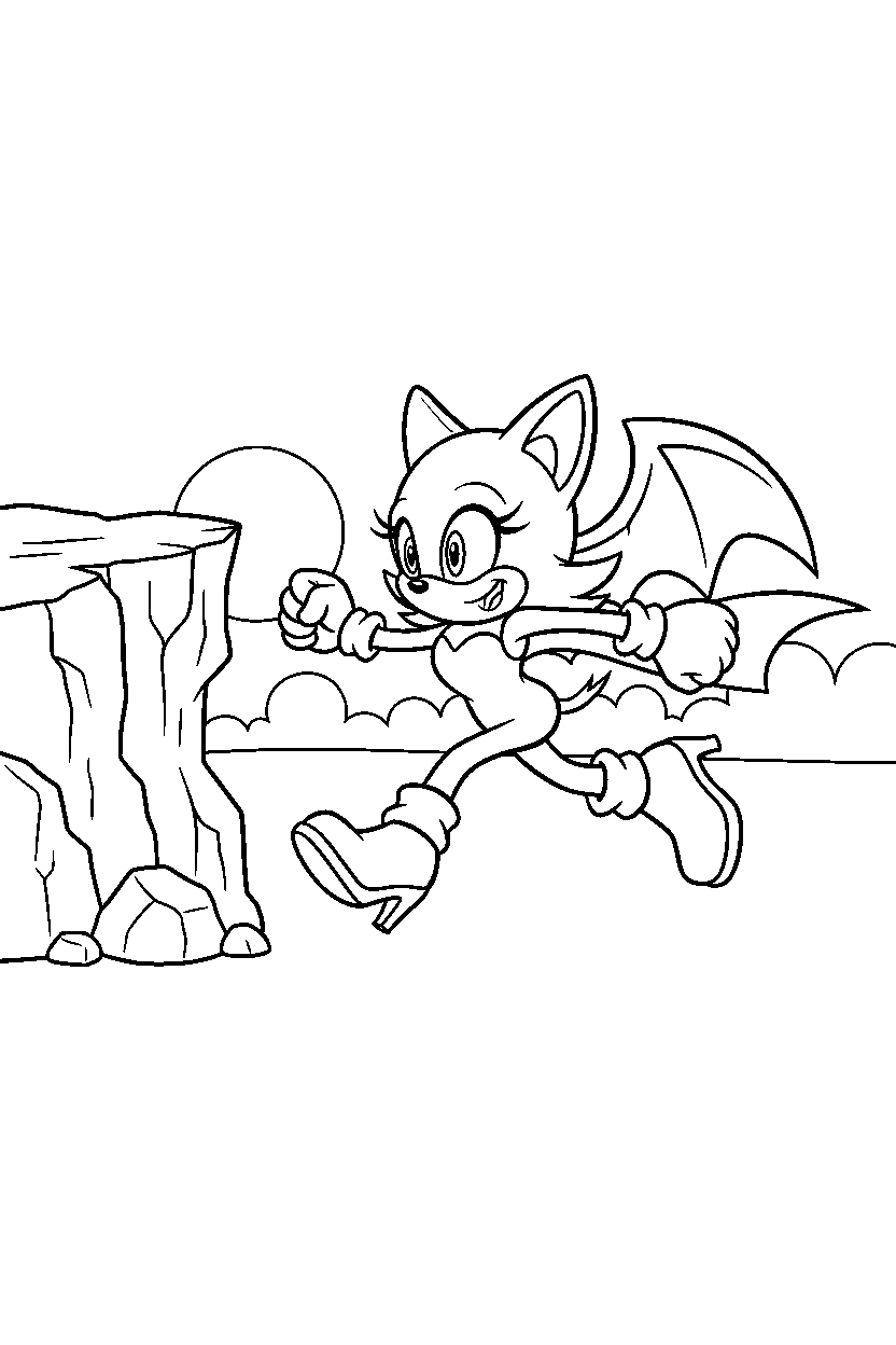 rouge the bat running happily near a rocky cliff line art
