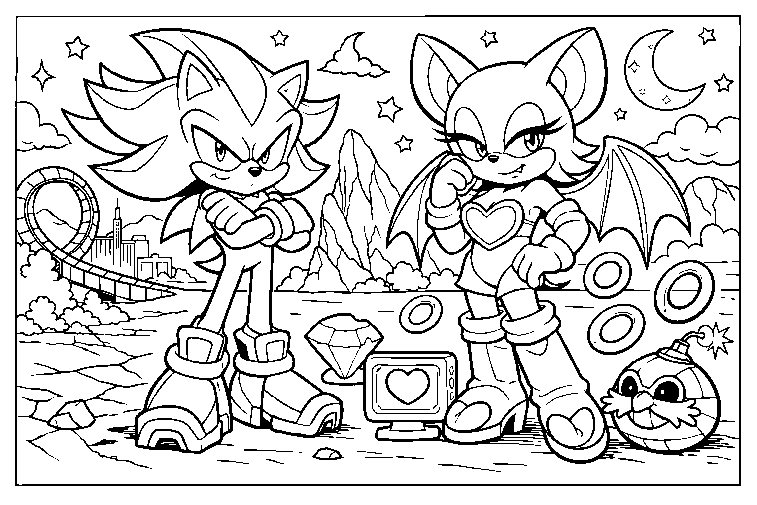 shadow and rouge night adventure line art