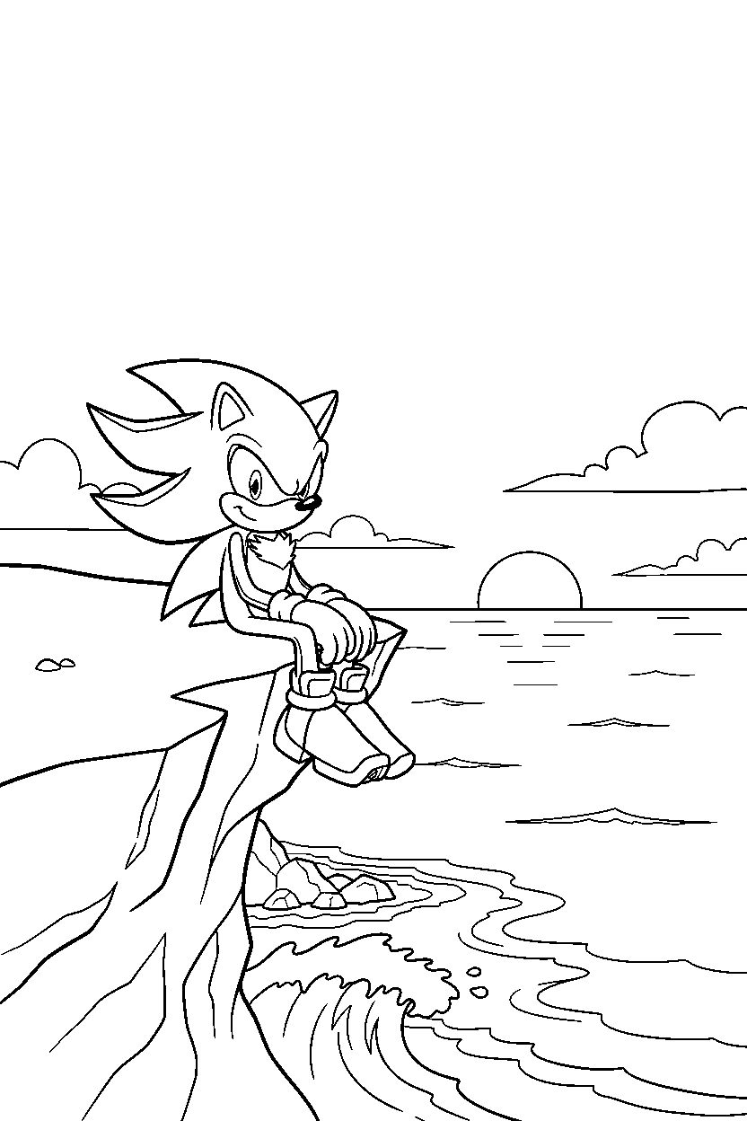 shadow sonic sitting peacefully on a seaside cliff line art