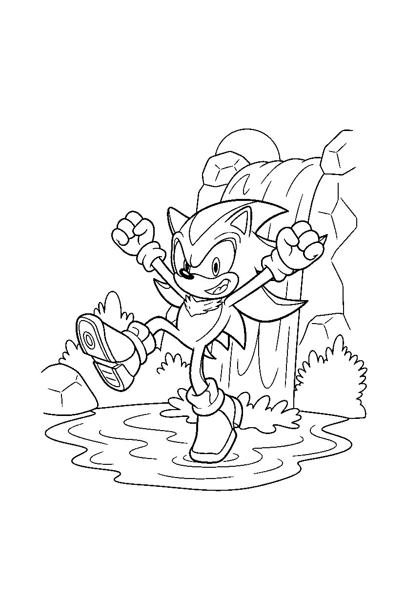 shadow the hedgehog celebrating happily near a waterfall line art