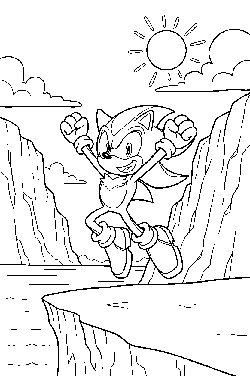 shadow the hedgehog celebrating happily near ocean cliffs line art