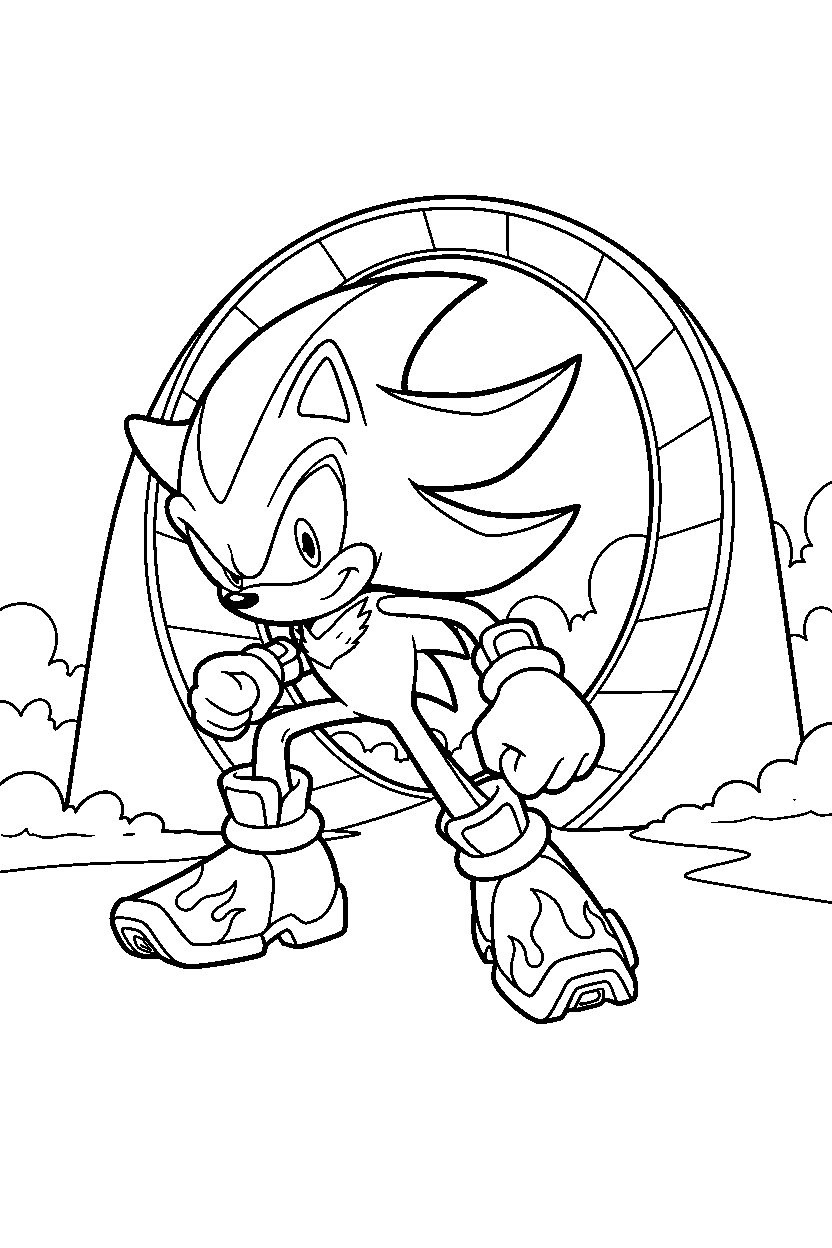 shadow the hedgehog getting ready to run near a loop hill line art