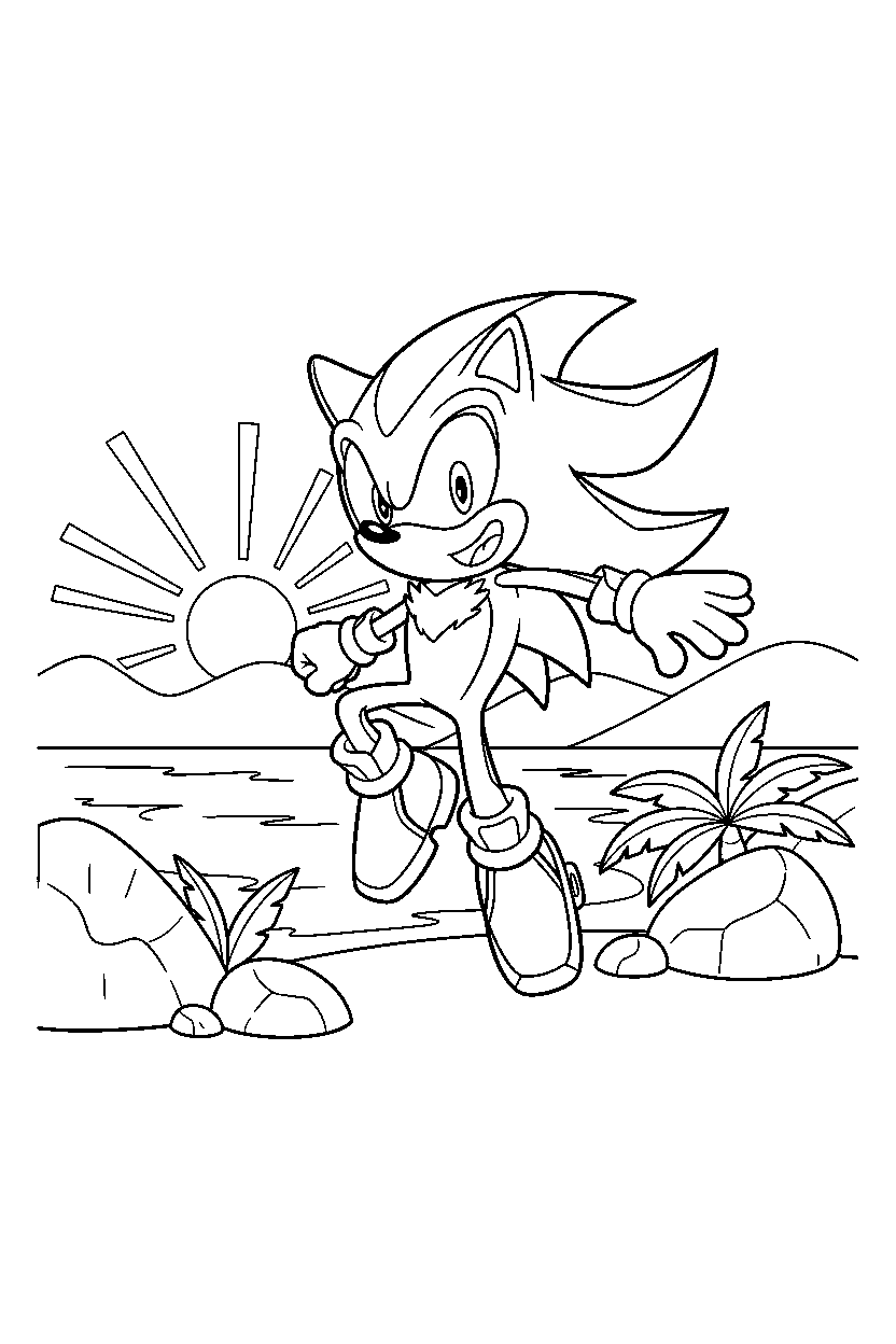 shadow the hedgehog jumping happily near a sunny coastline line art