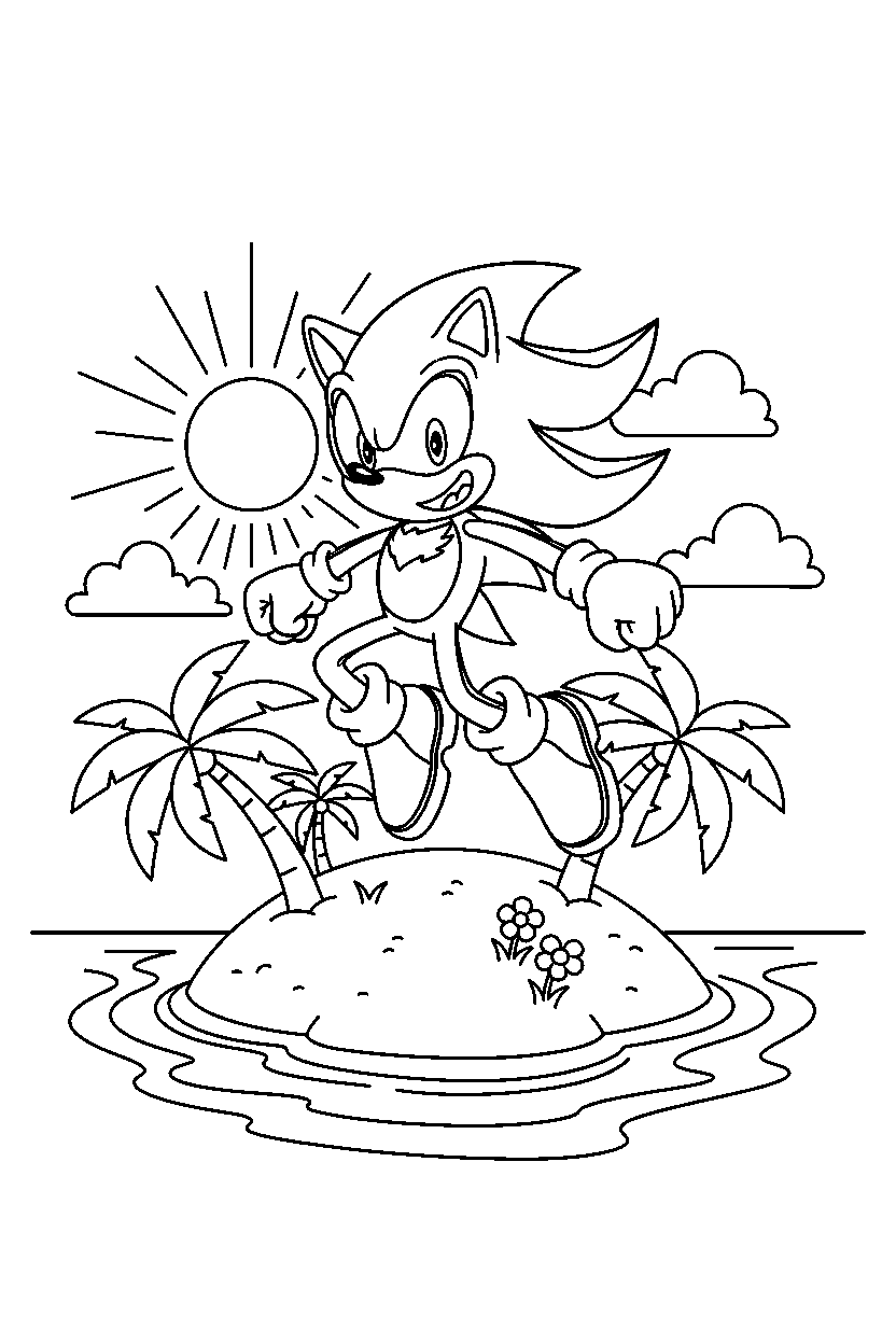 shadow the hedgehog jumping happily on a bright island line art
