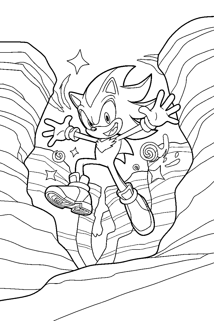 shadow the hedgehog jumping with joy in a colorful canyon line art