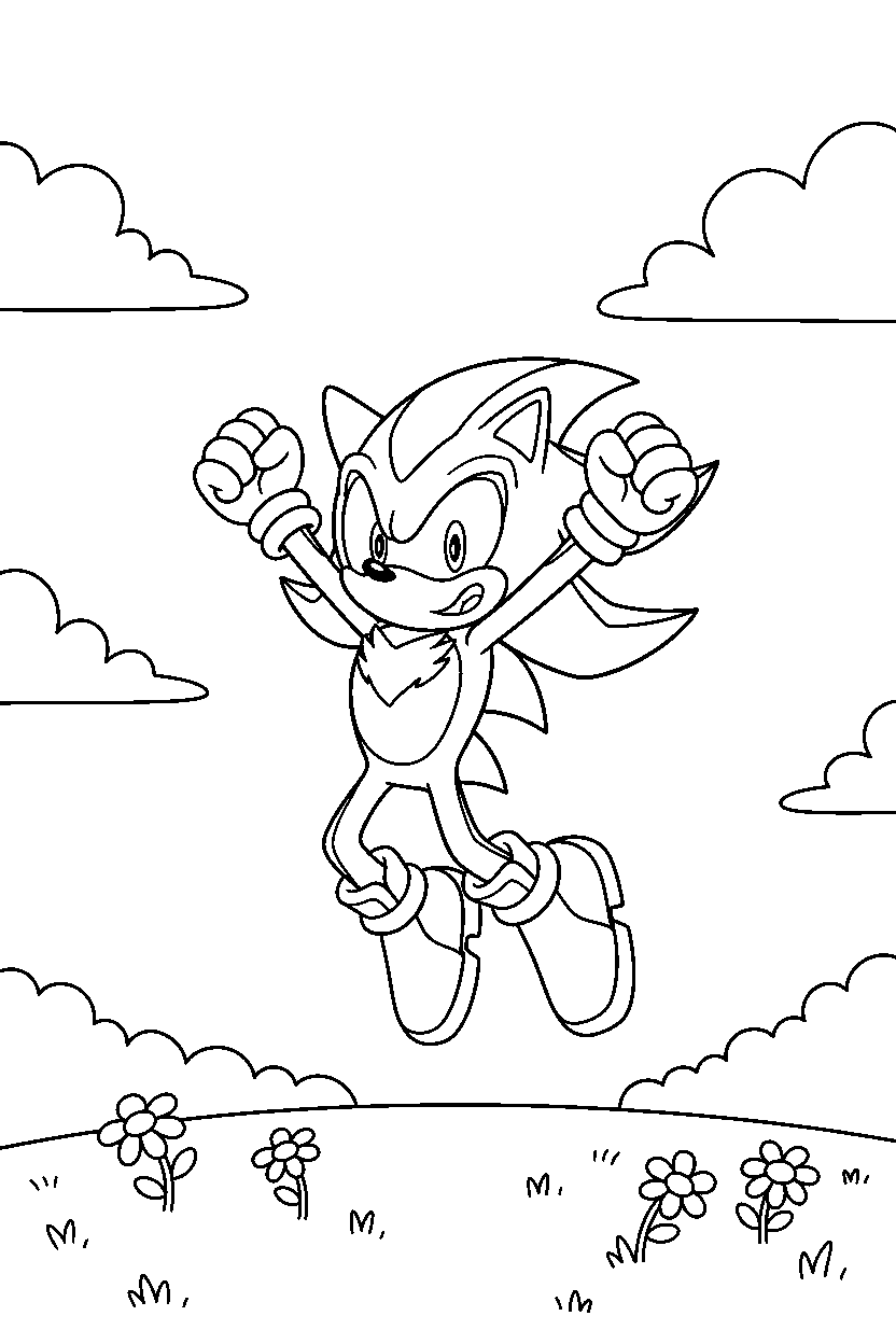 shadow the hedgehog jumping with joy in a green meadow line art