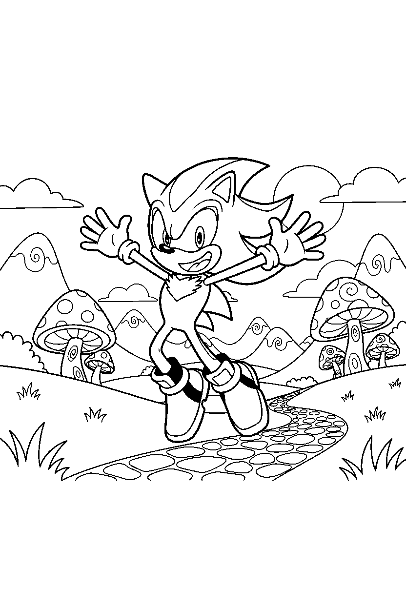 shadow the hedgehog looking excited in a fantasy valley line art