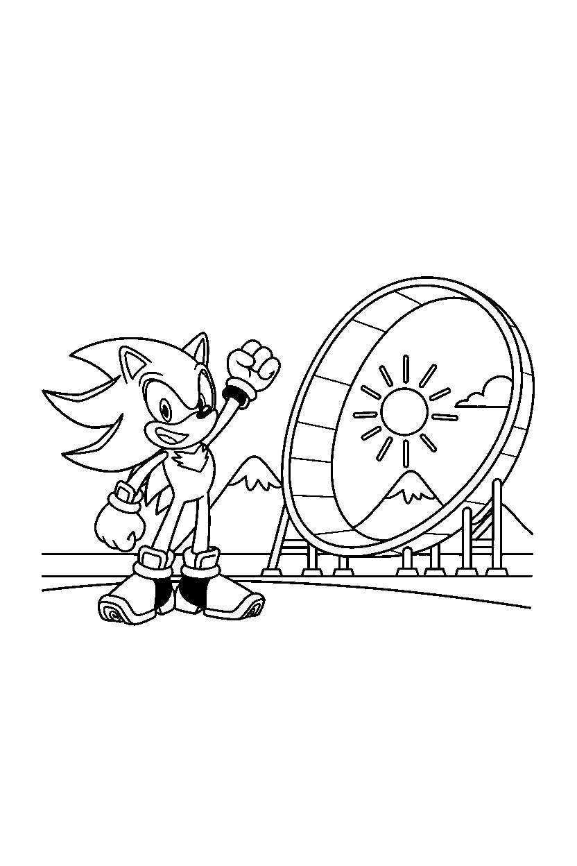 shadow the hedgehog looking excited near a loop hill line art