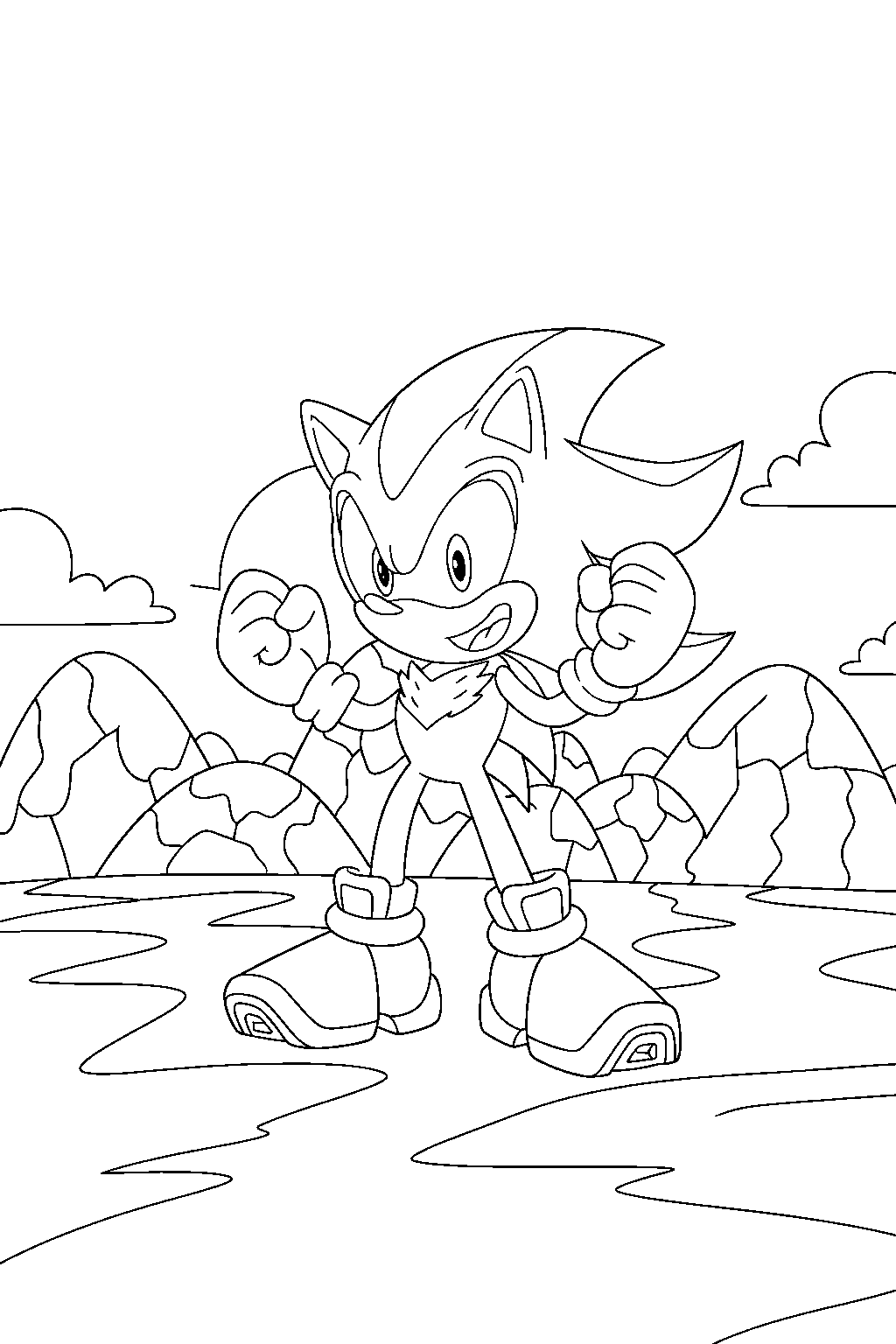 shadow the hedgehog looking excited near colorful rock hills line art