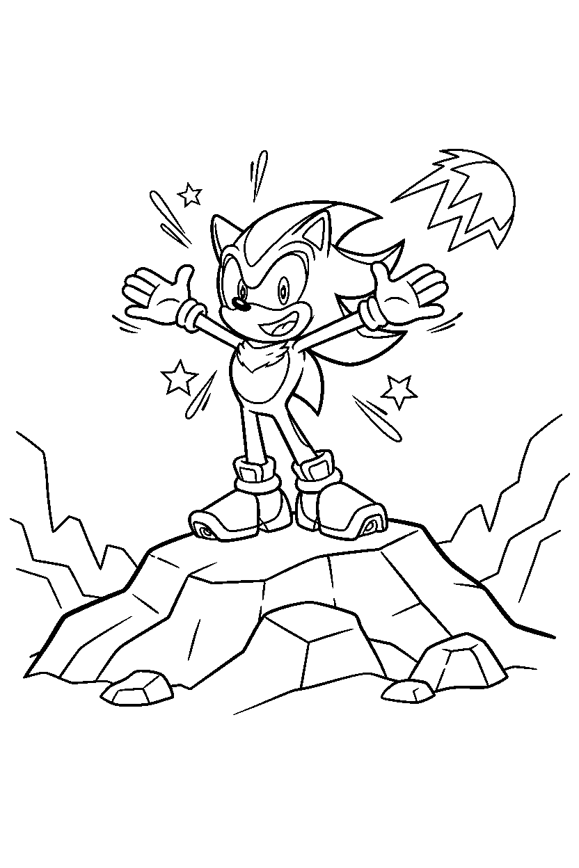 shadow the hedgehog looking excited on a rocky hill line art