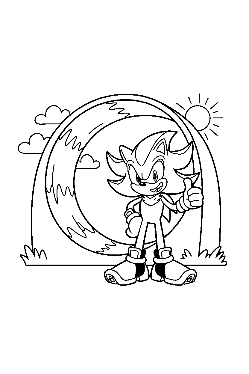 shadow the hedgehog looking happy near a loop hill line art