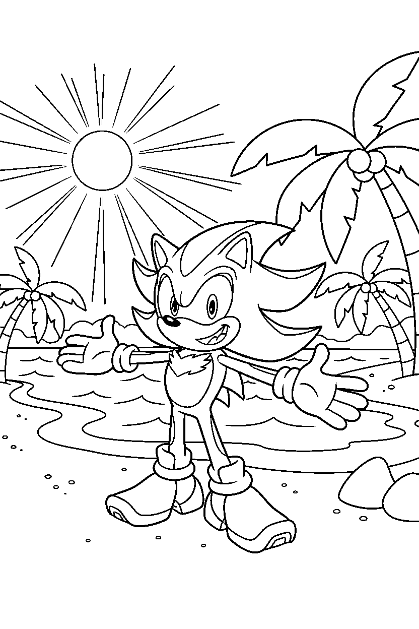 shadow the hedgehog looking happy near a sunny lagoon line art