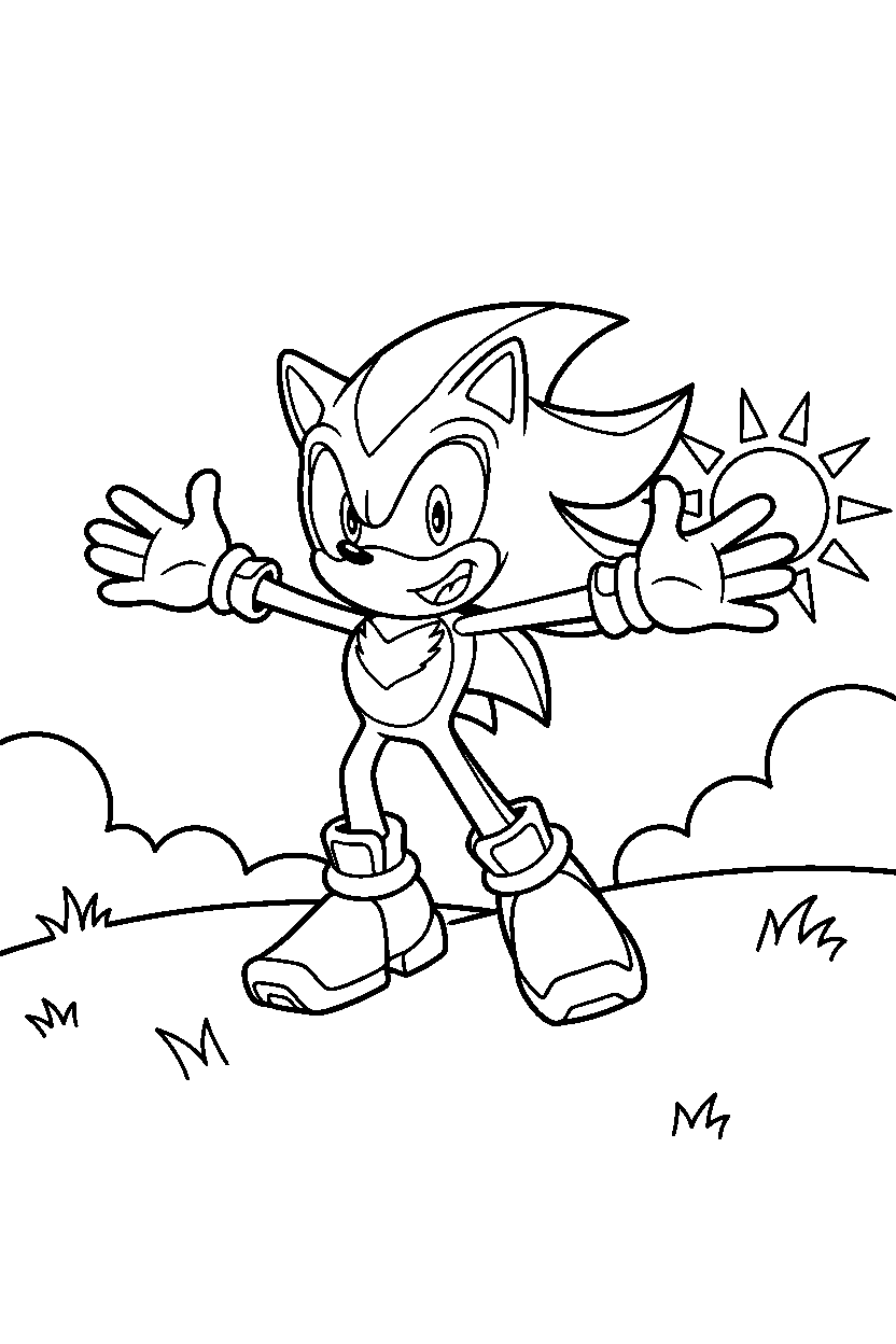 shadow the hedgehog looking happy on a soft grassy hill line art