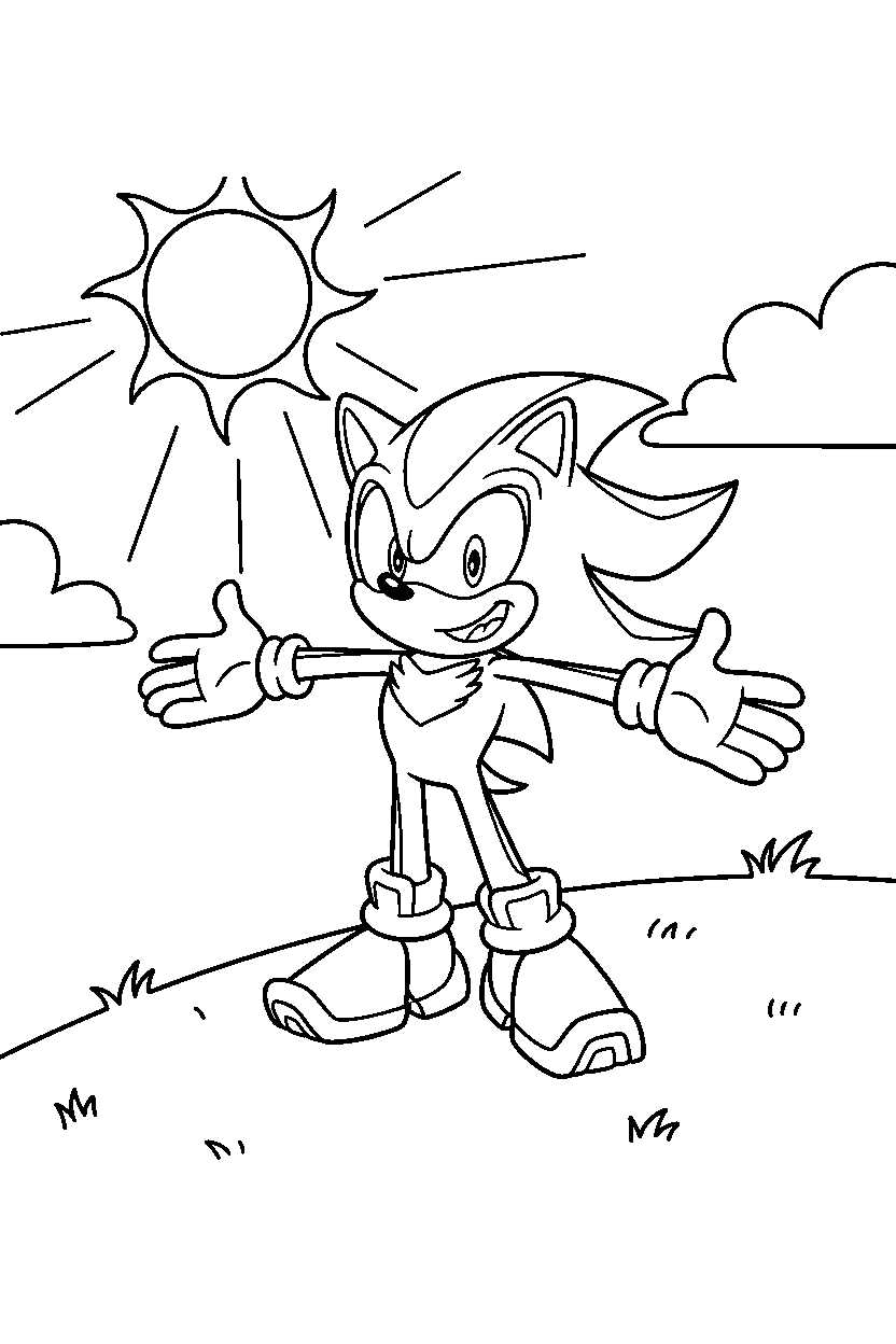 shadow the hedgehog looking happy on a sunny hill line art