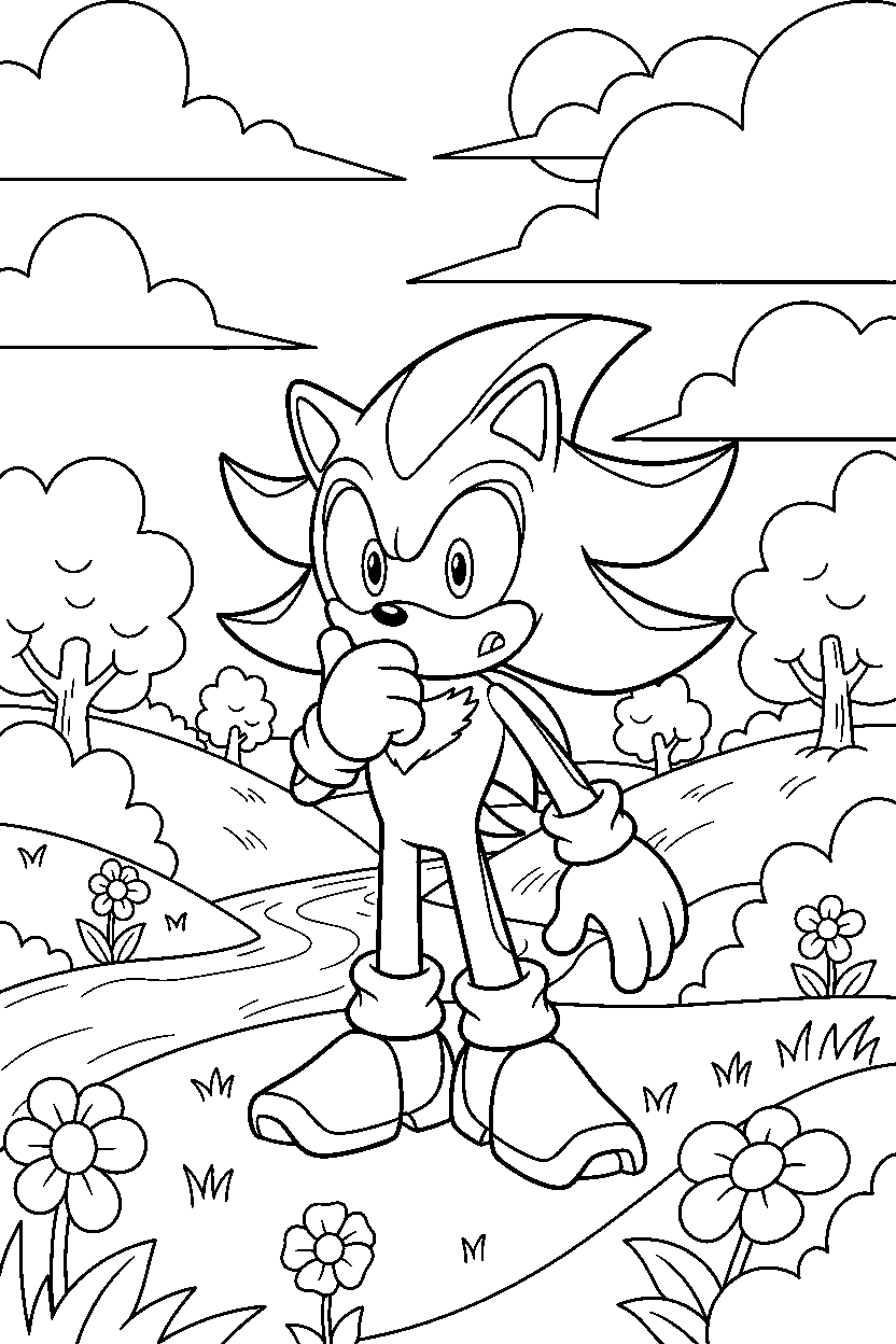 shadow the hedgehog looking surprised in a colorful valley line art