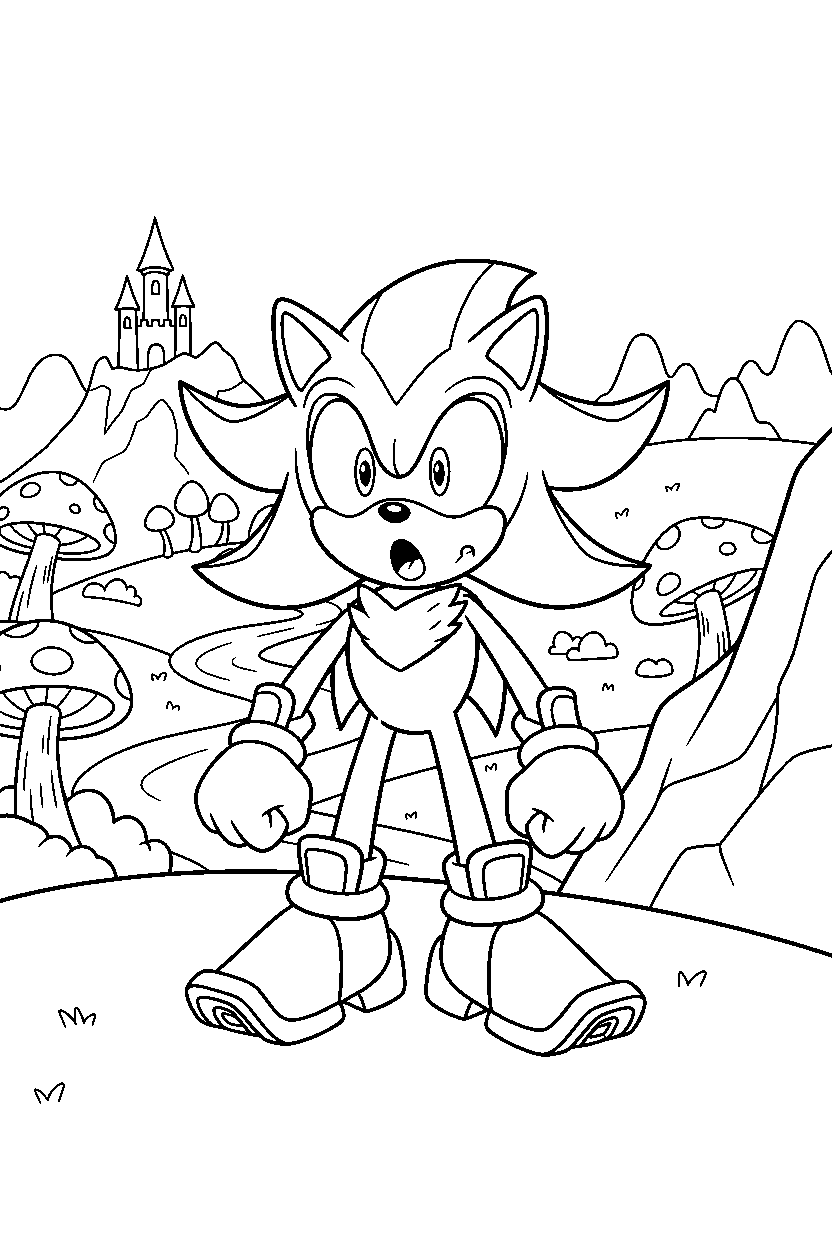 shadow the hedgehog looking surprised in a fantasy valley line art