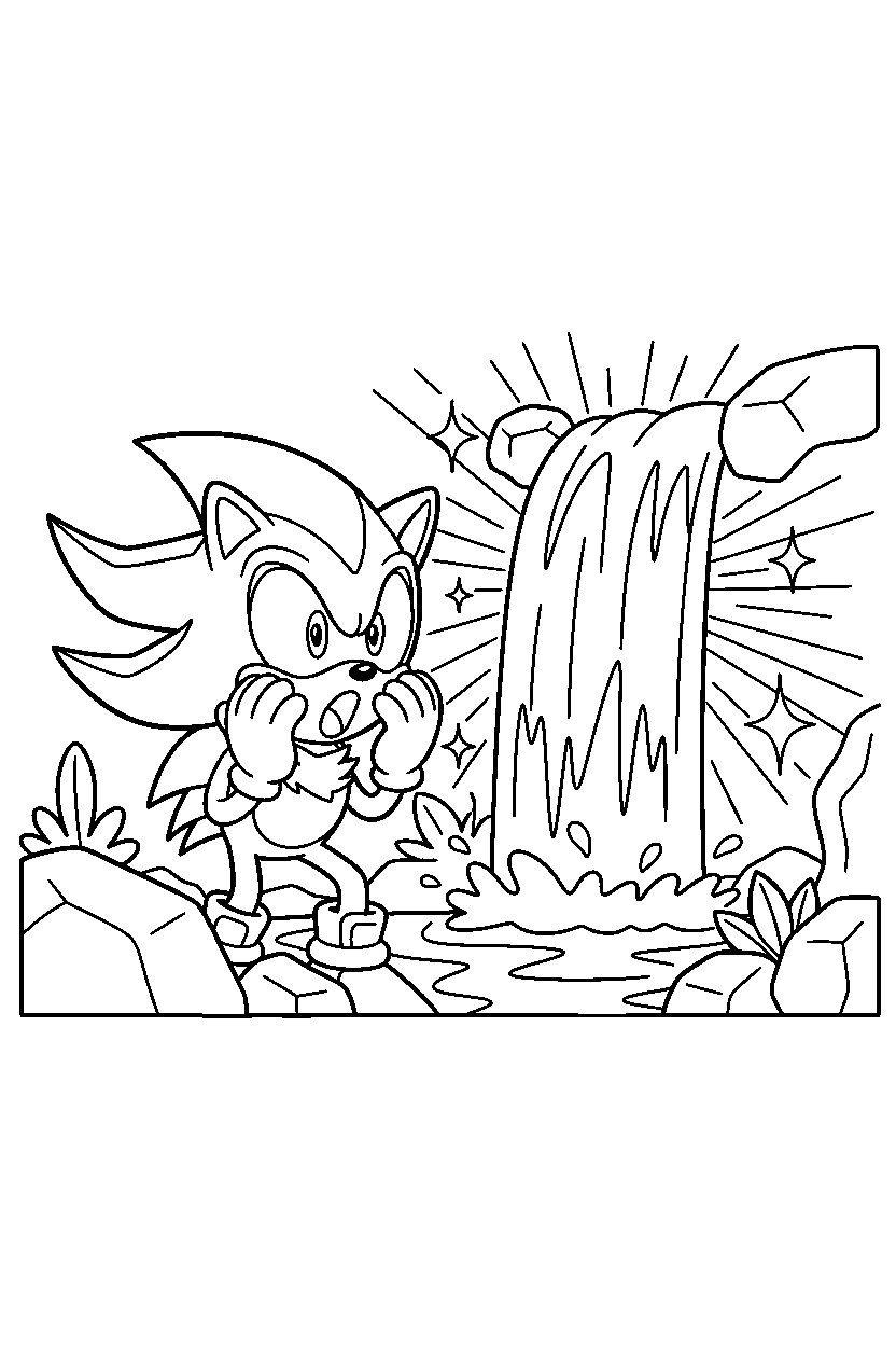 shadow the hedgehog looking surprised near shining waterfalls line art