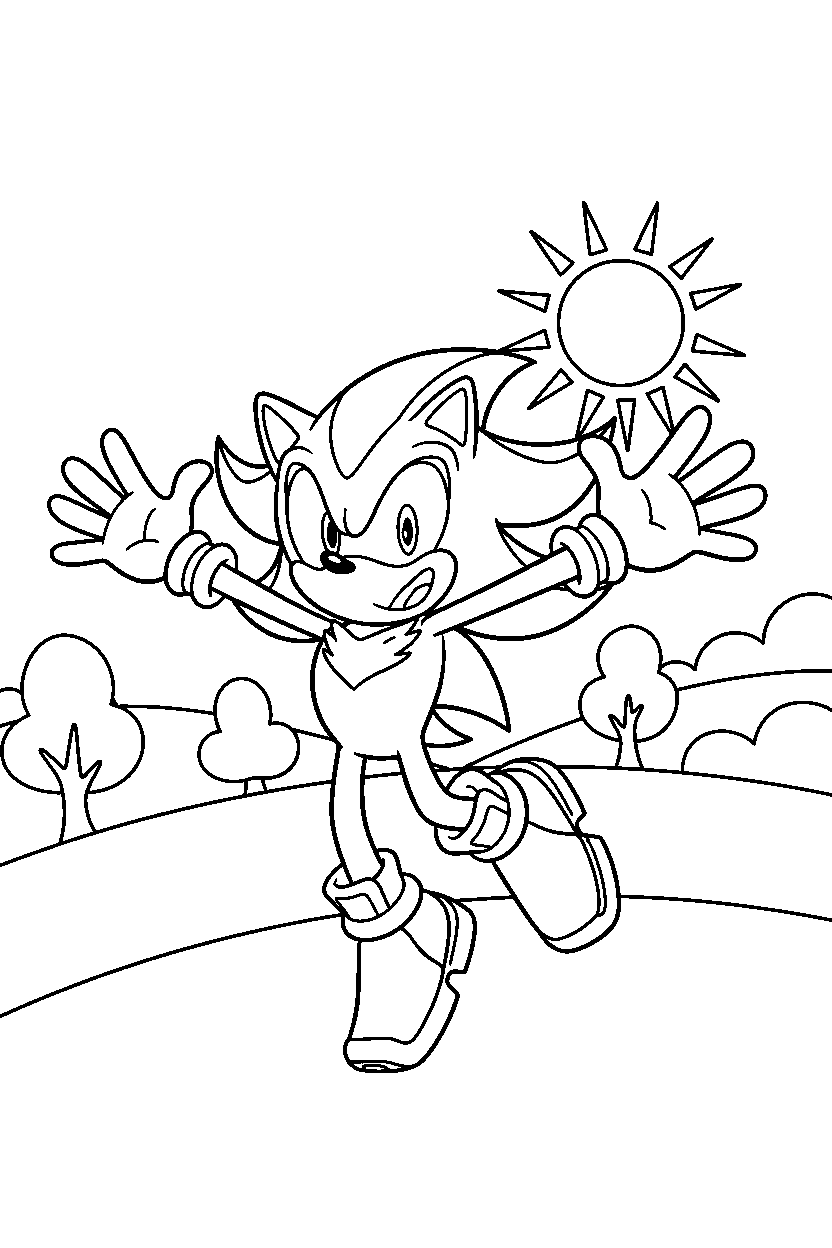 shadow the hedgehog posing happily on a bright hillside line art