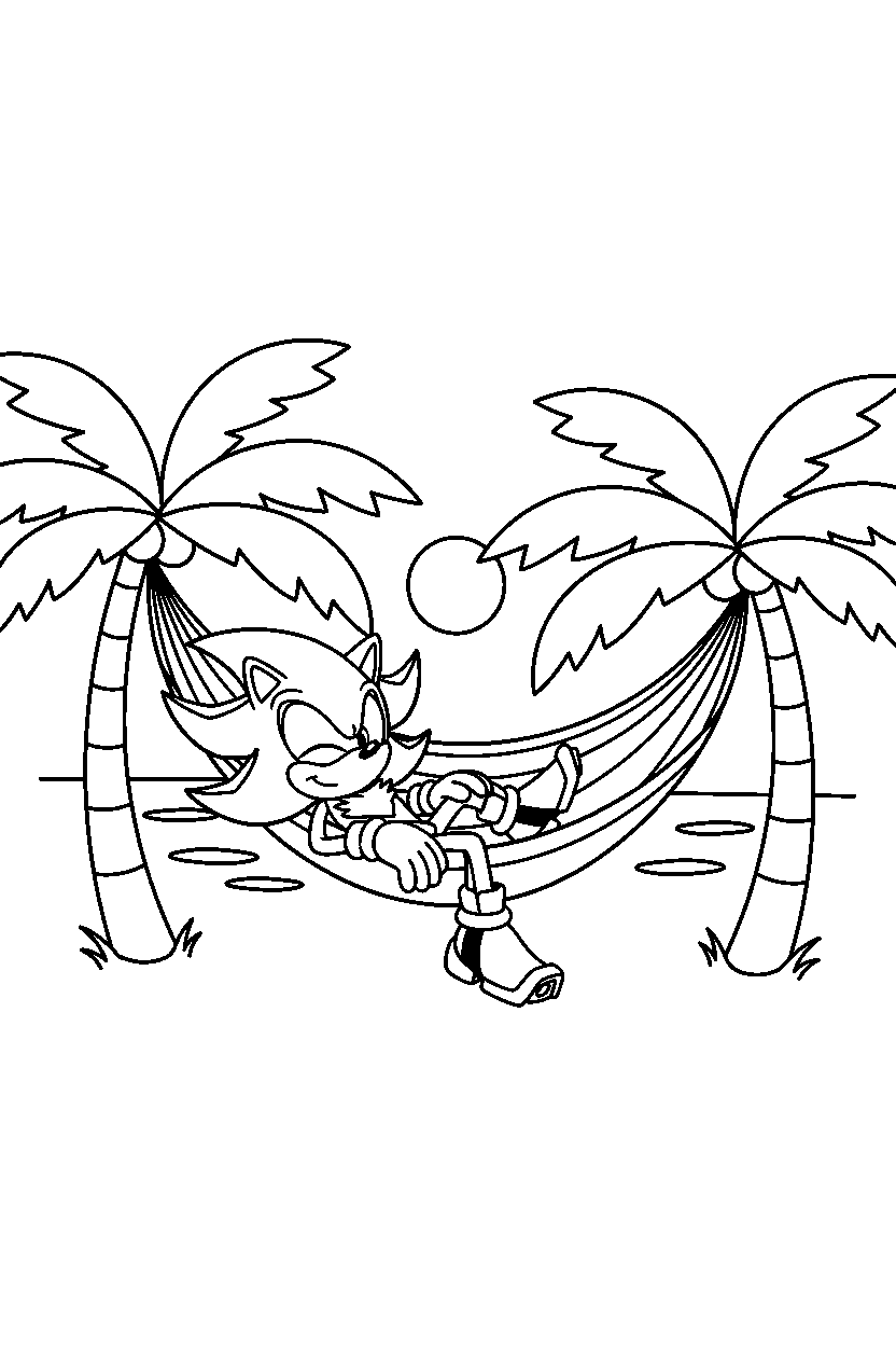 shadow the hedgehog relaxing peacefully near palm trees line art