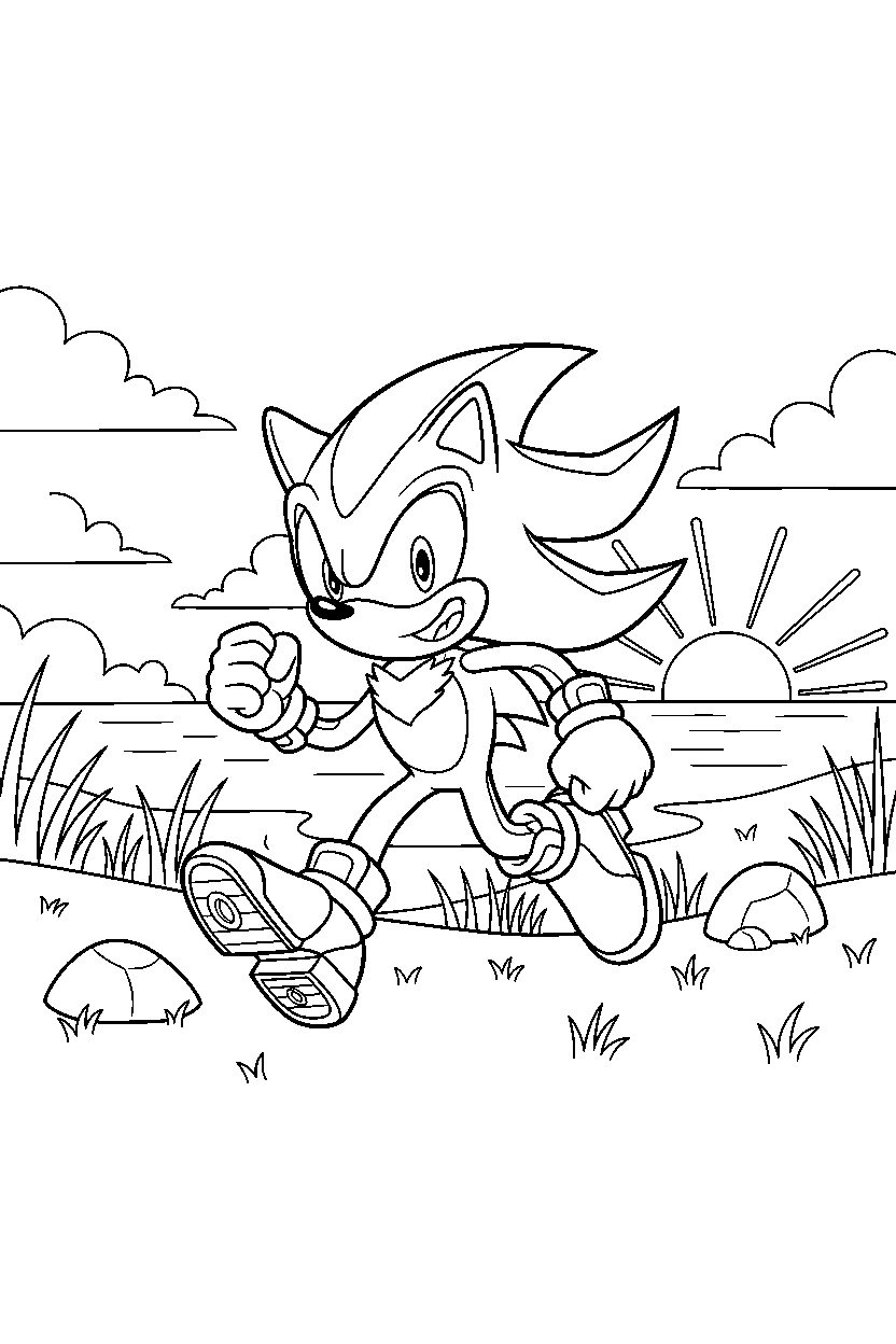 shadow the hedgehog running happily in a bright coastal field line art
