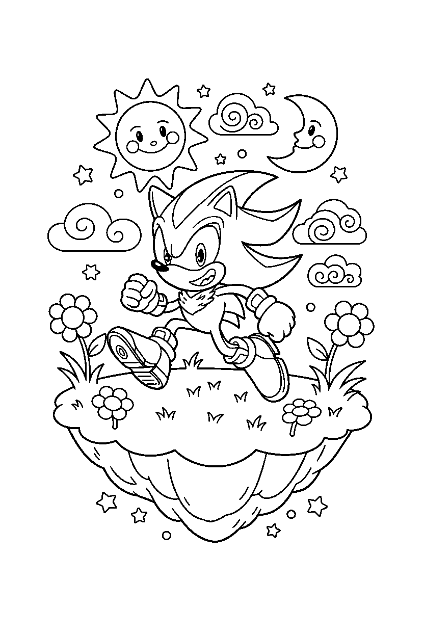 shadow the hedgehog running happily in a sky meadow line art
