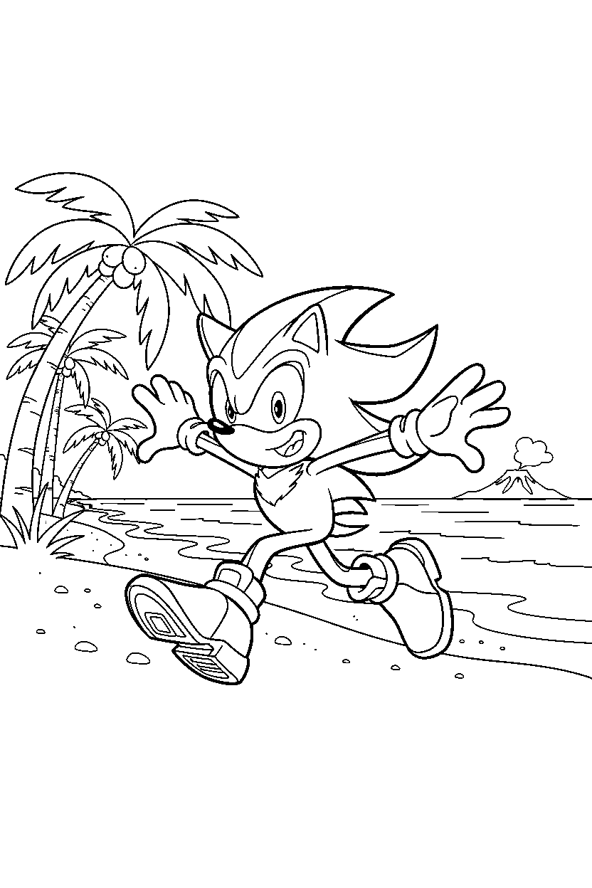 shadow the hedgehog running happily on a tropical coast line art