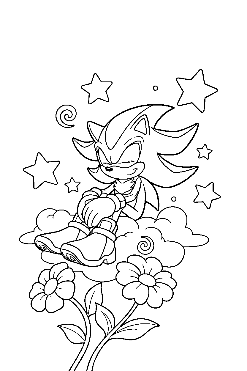 shadow the hedgehog sitting peacefully in a sky meadow line art