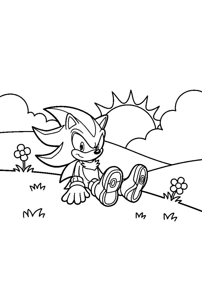 shadow the hedgehog sitting peacefully on a bright hillside line art