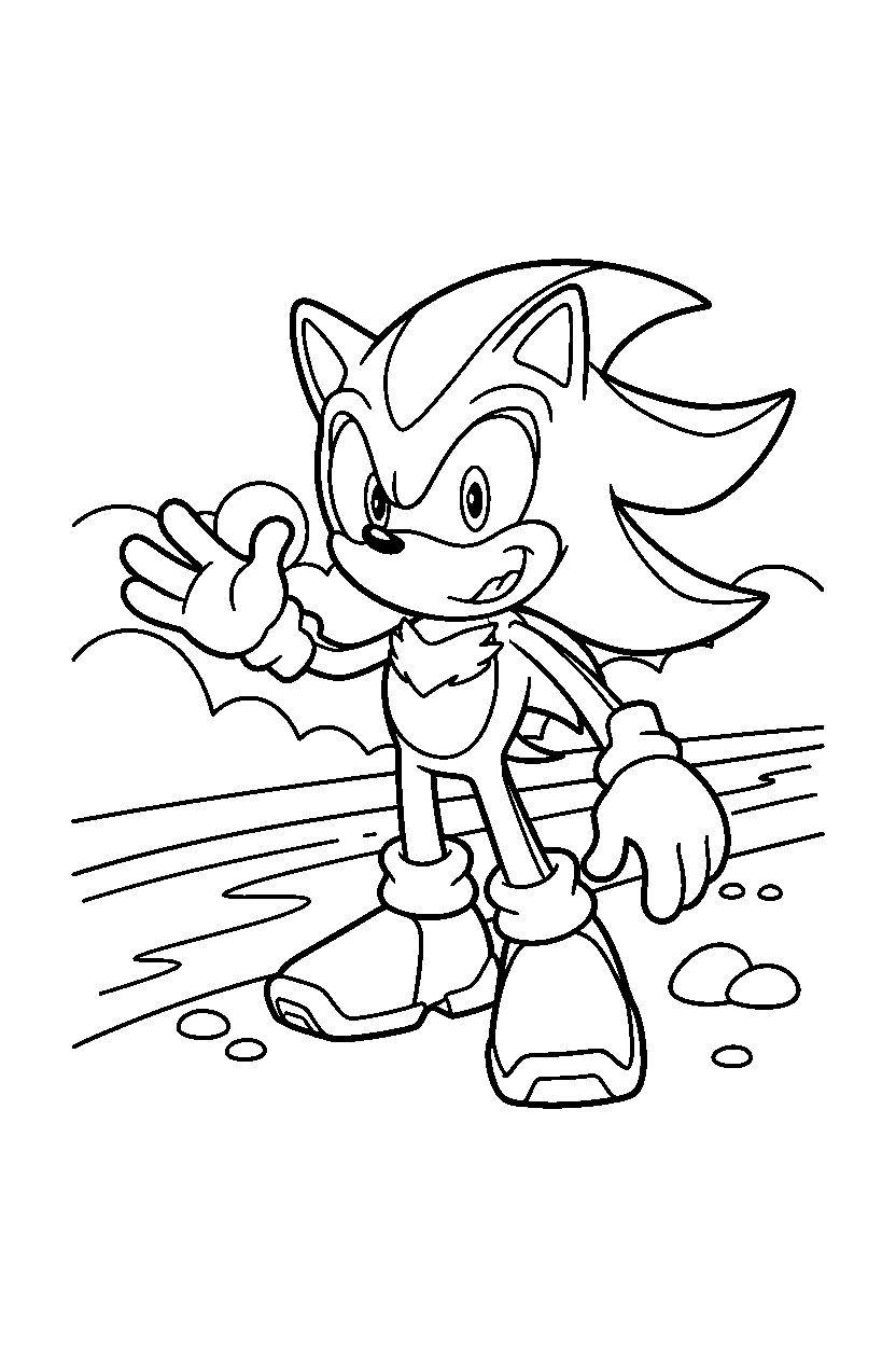 shadow the hedgehog smiling happily near a river line art
