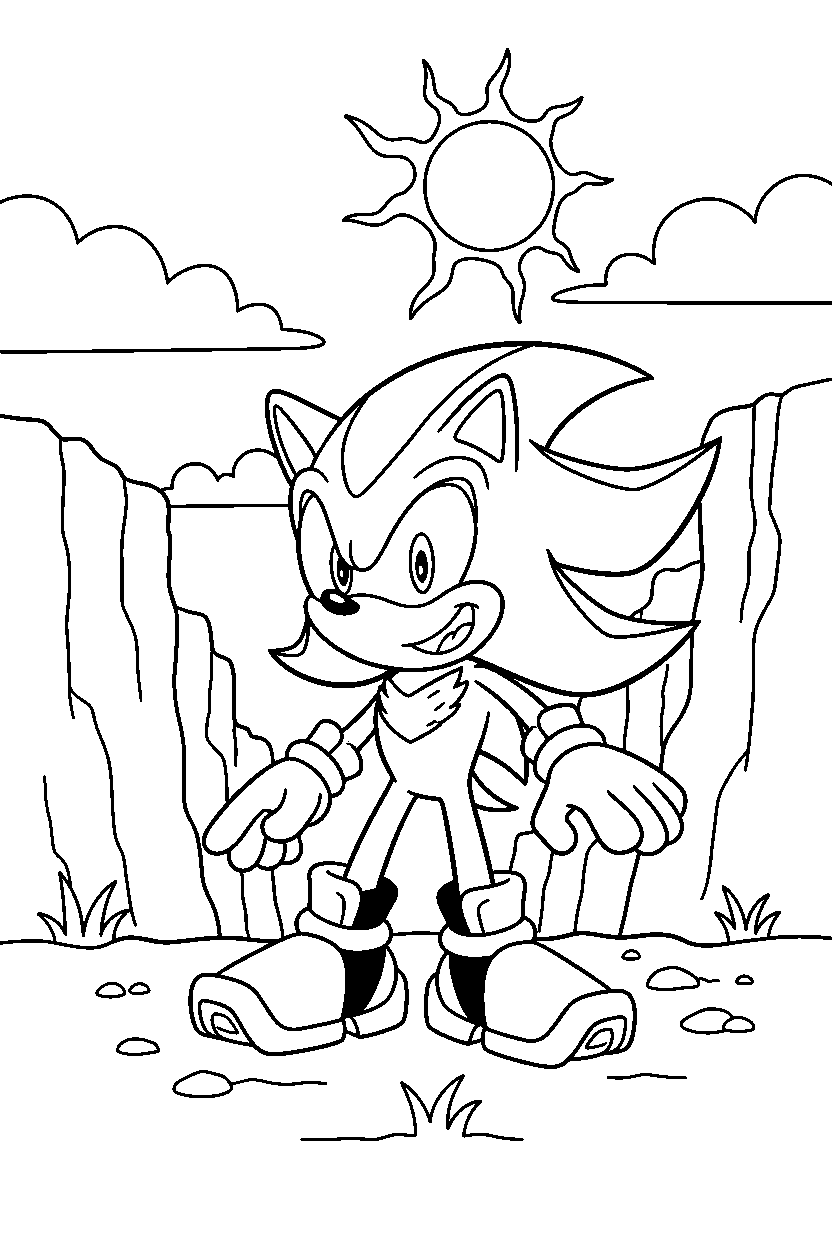 shadow the hedgehog smiling happily near sunny cliffs line art