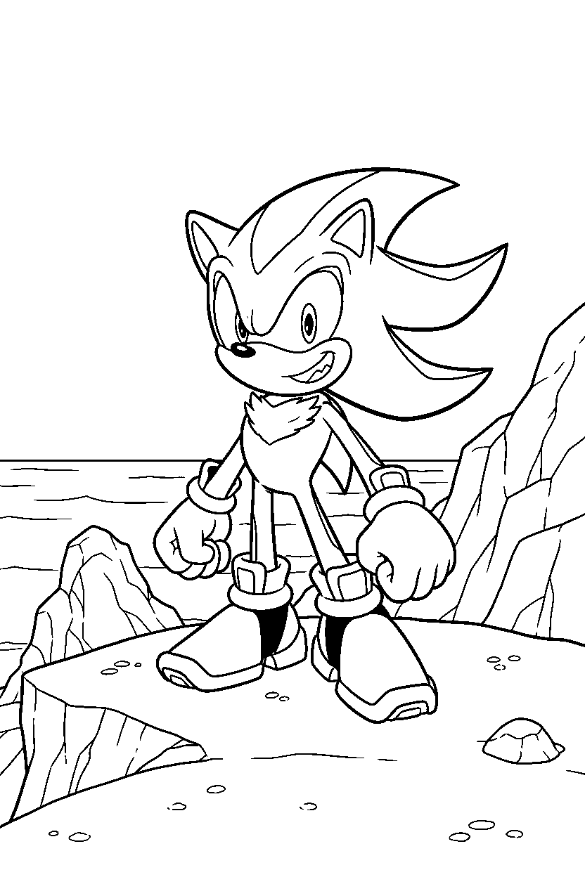 shadow the hedgehog smiling happily on a rocky coast line art