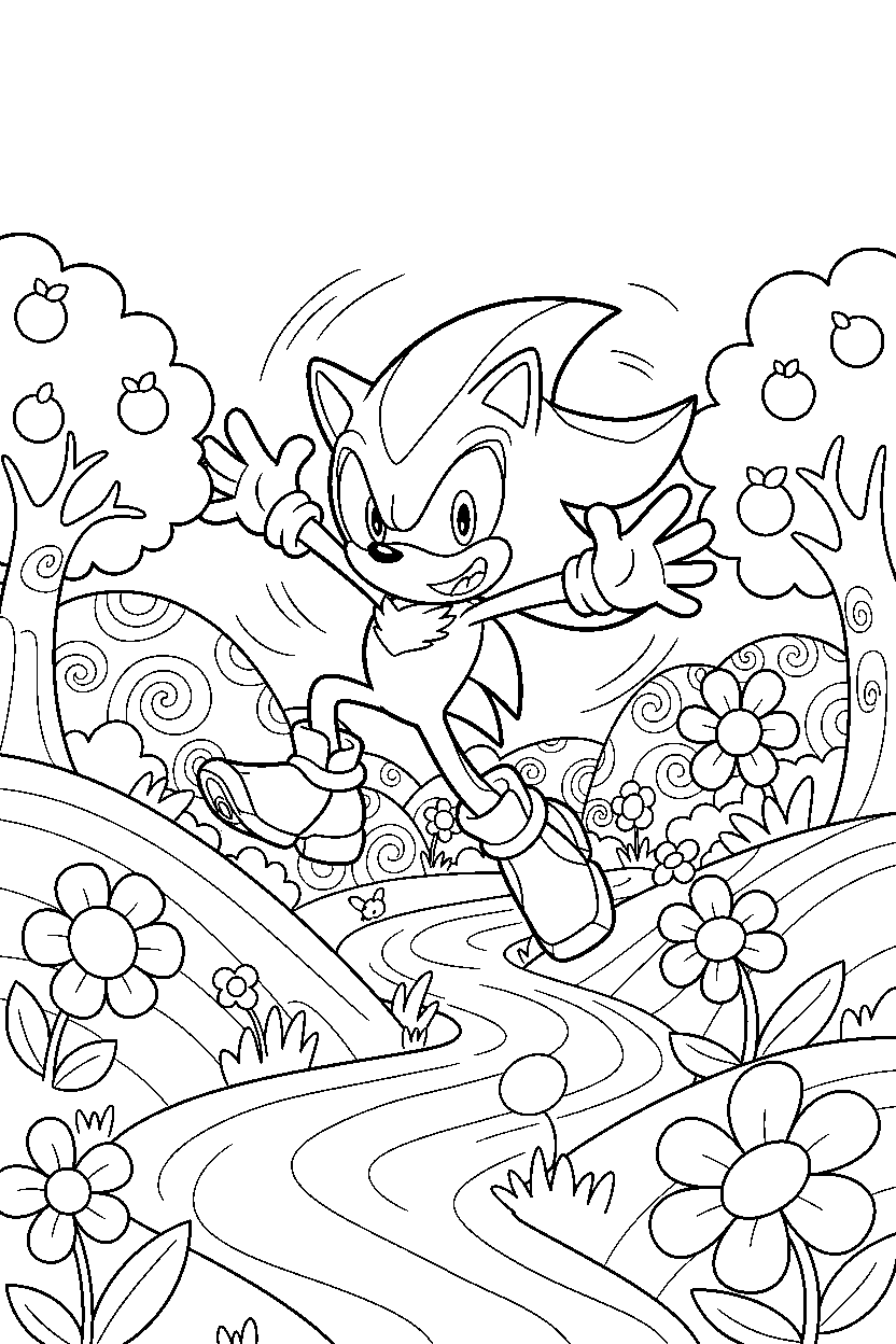 shadow the hedgehog spinning happily in a colorful valley line art