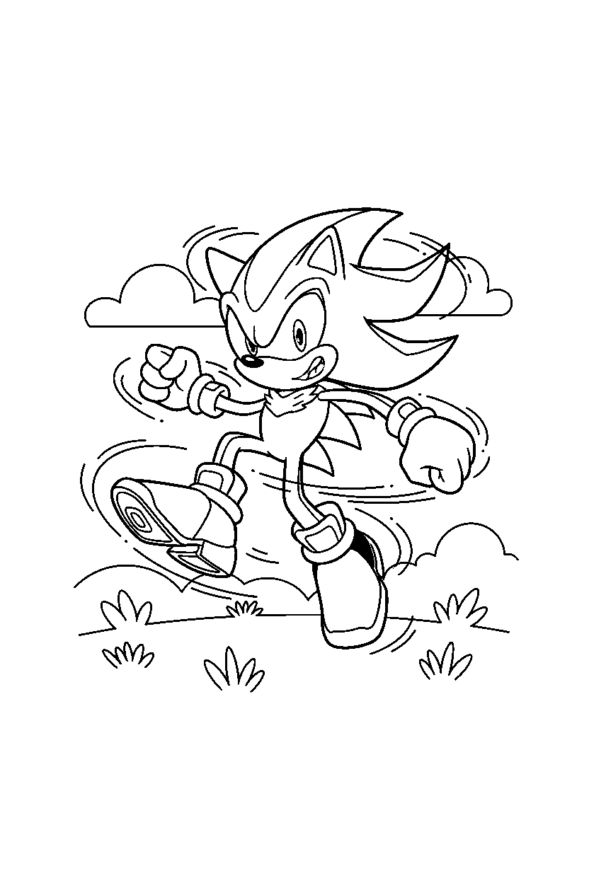 shadow the hedgehog spinning happily in a green meadow line art