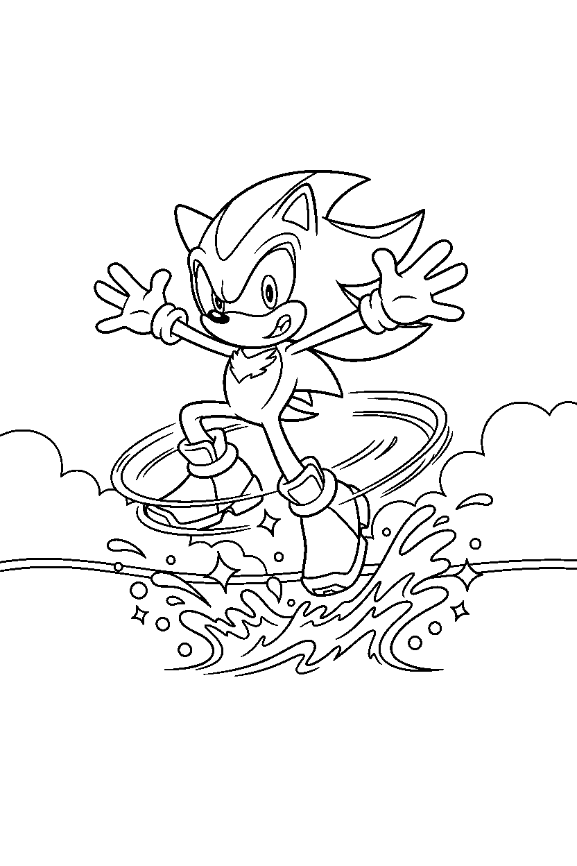 shadow the hedgehog spinning happily near sparkling water line art