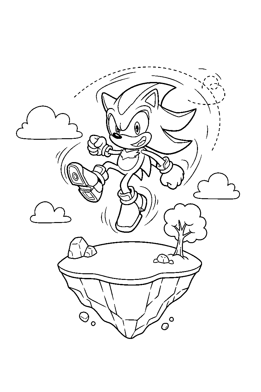 shadow the hedgehog spinning happily on a floating hilltop line art