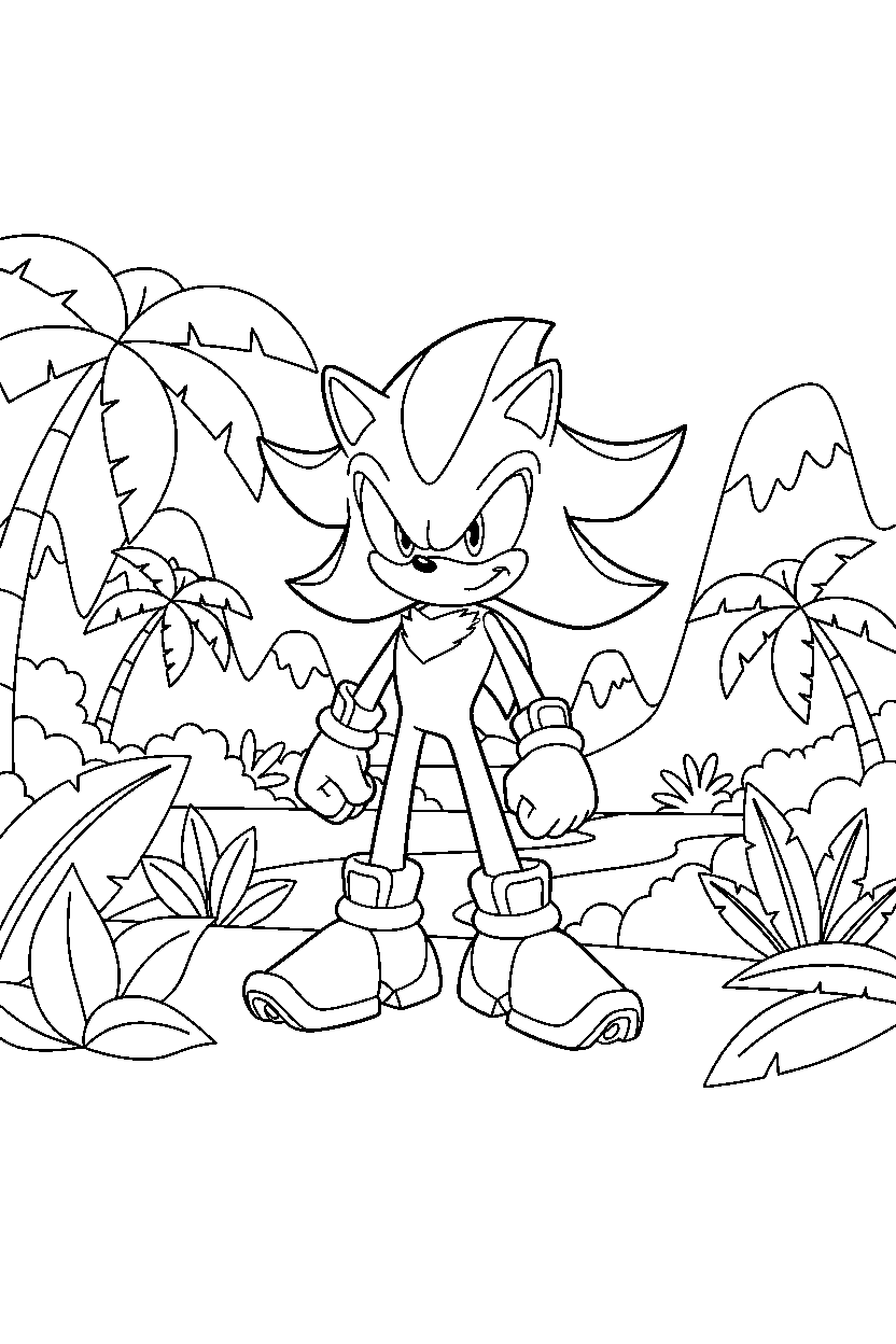 shadow the hedgehog standing bravely in a jungle valley line art