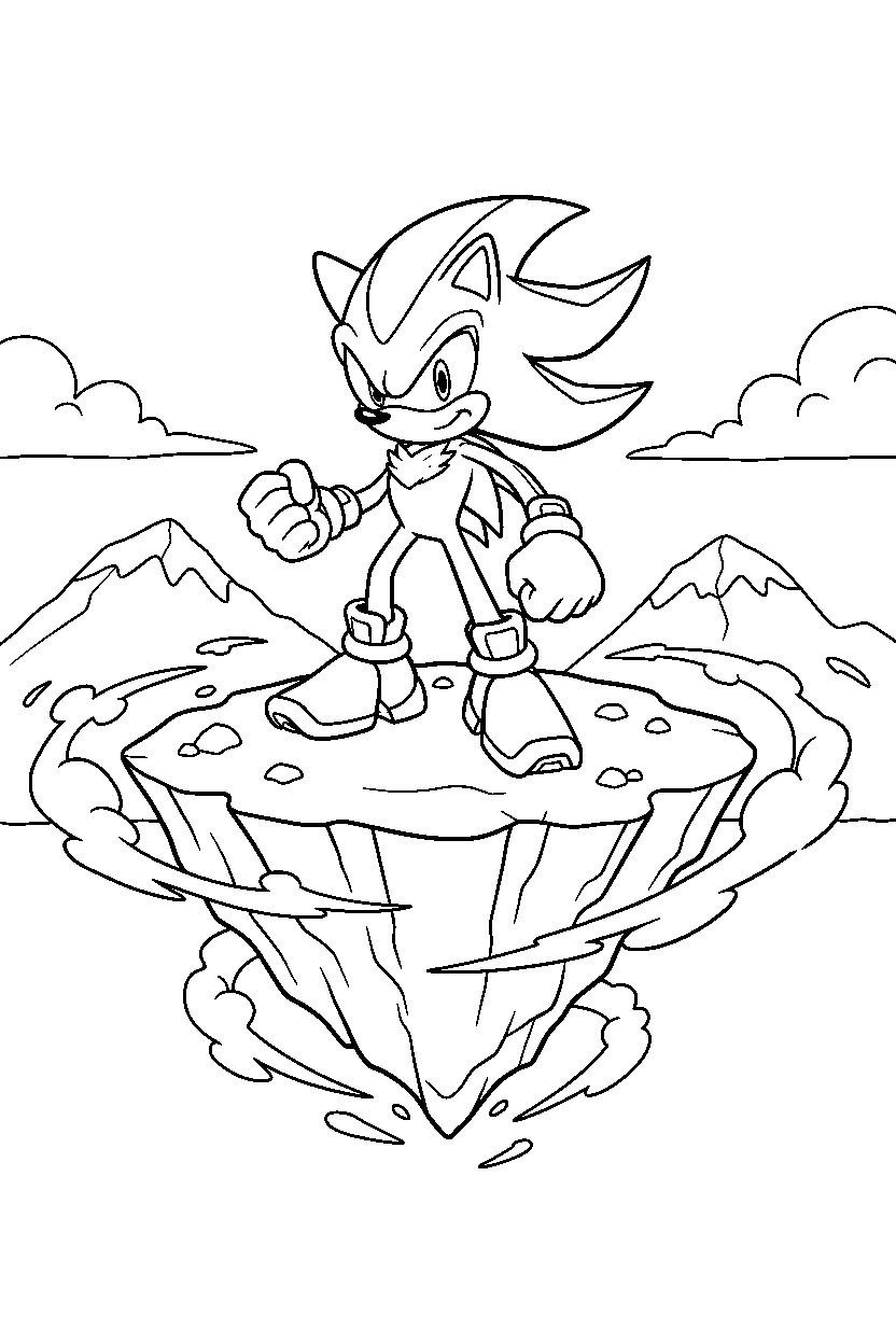 shadow the hedgehog standing bravely on a floating island line art