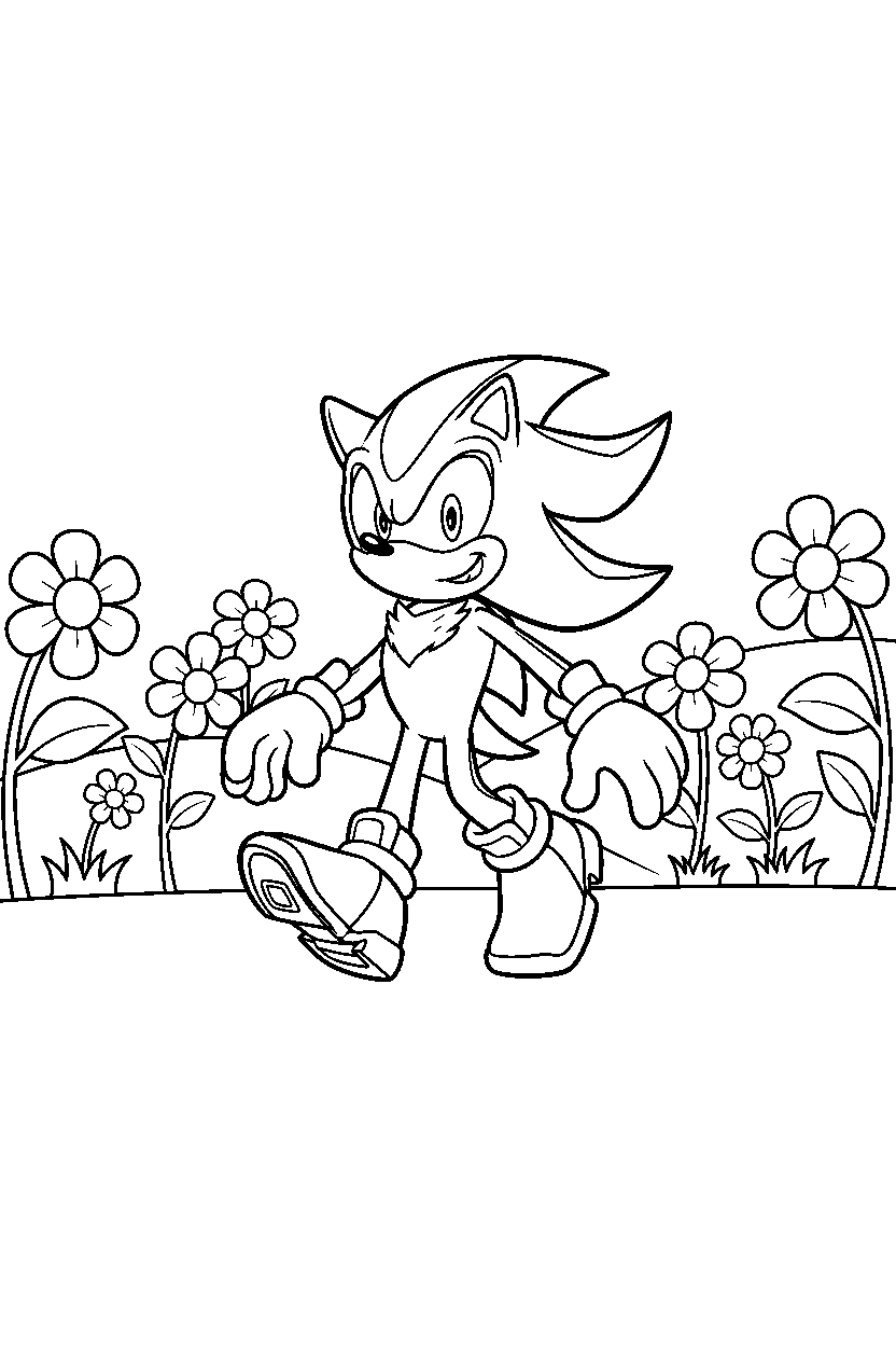 shadow the hedgehog walking happily in a flower valley line art
