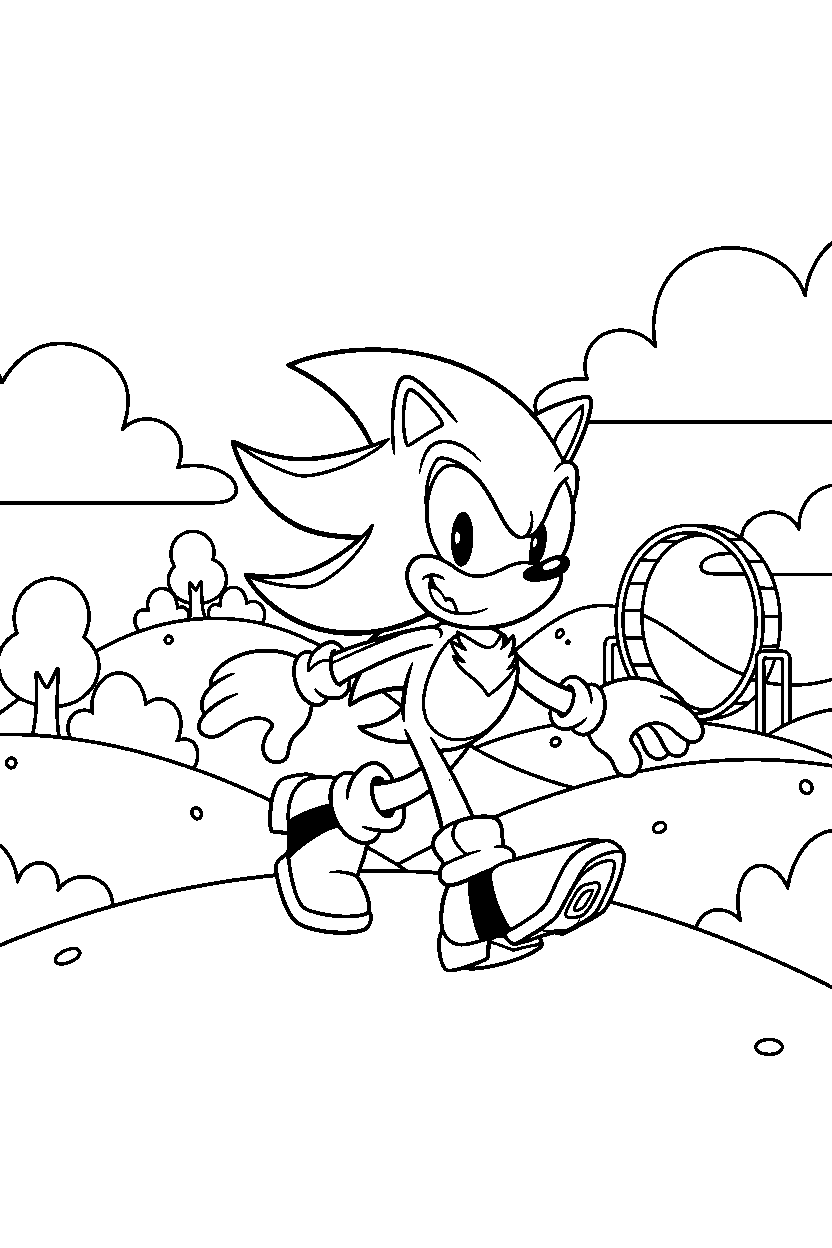 shadow the hedgehog walking happily in green hill zone line art