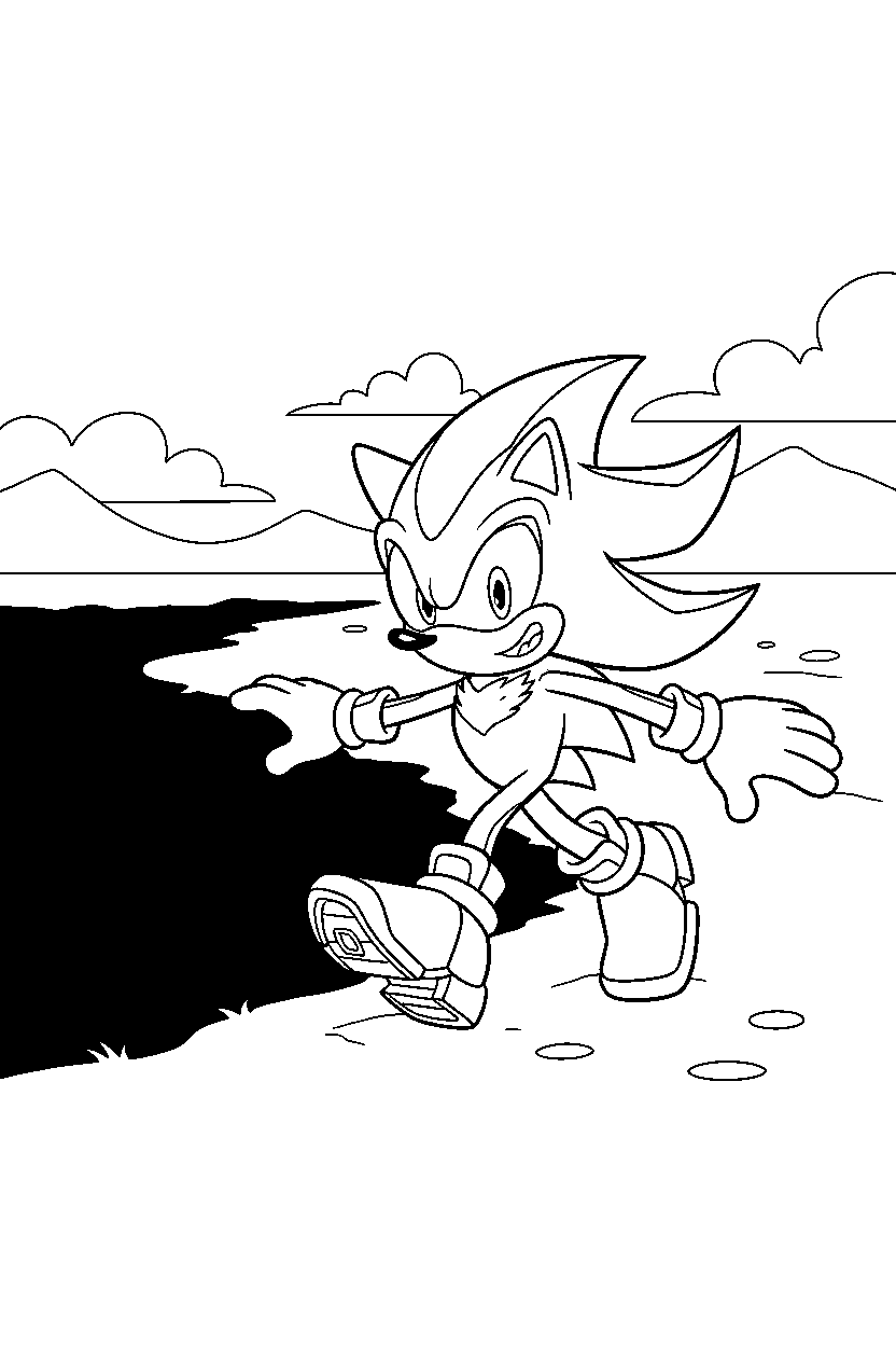shadow the hedgehog walking happily near a green canyon line art