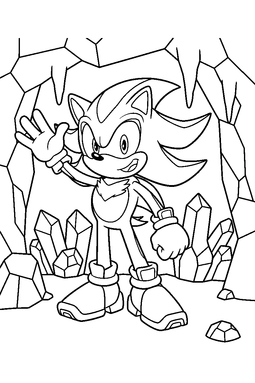shadow the hedgehog waving happily in a crystal cave line art