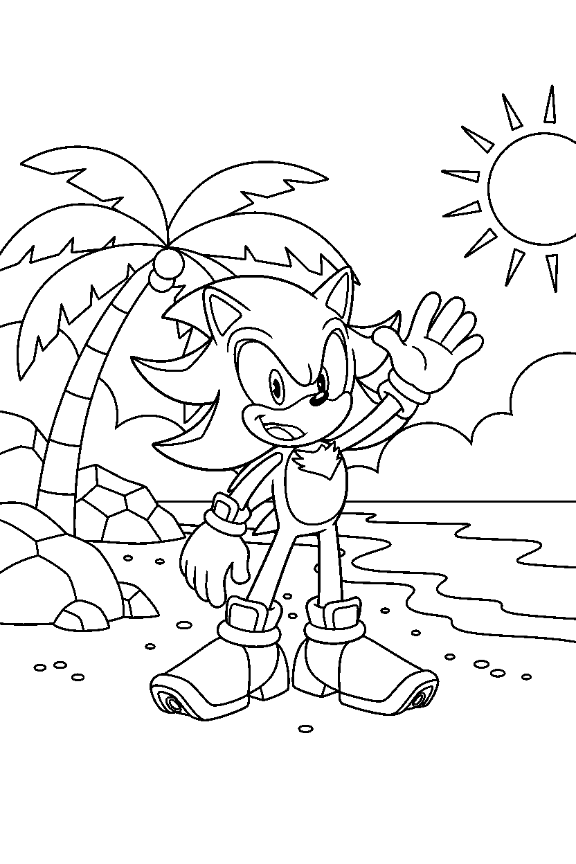 shadow the hedgehog waving happily in a tropical island line art