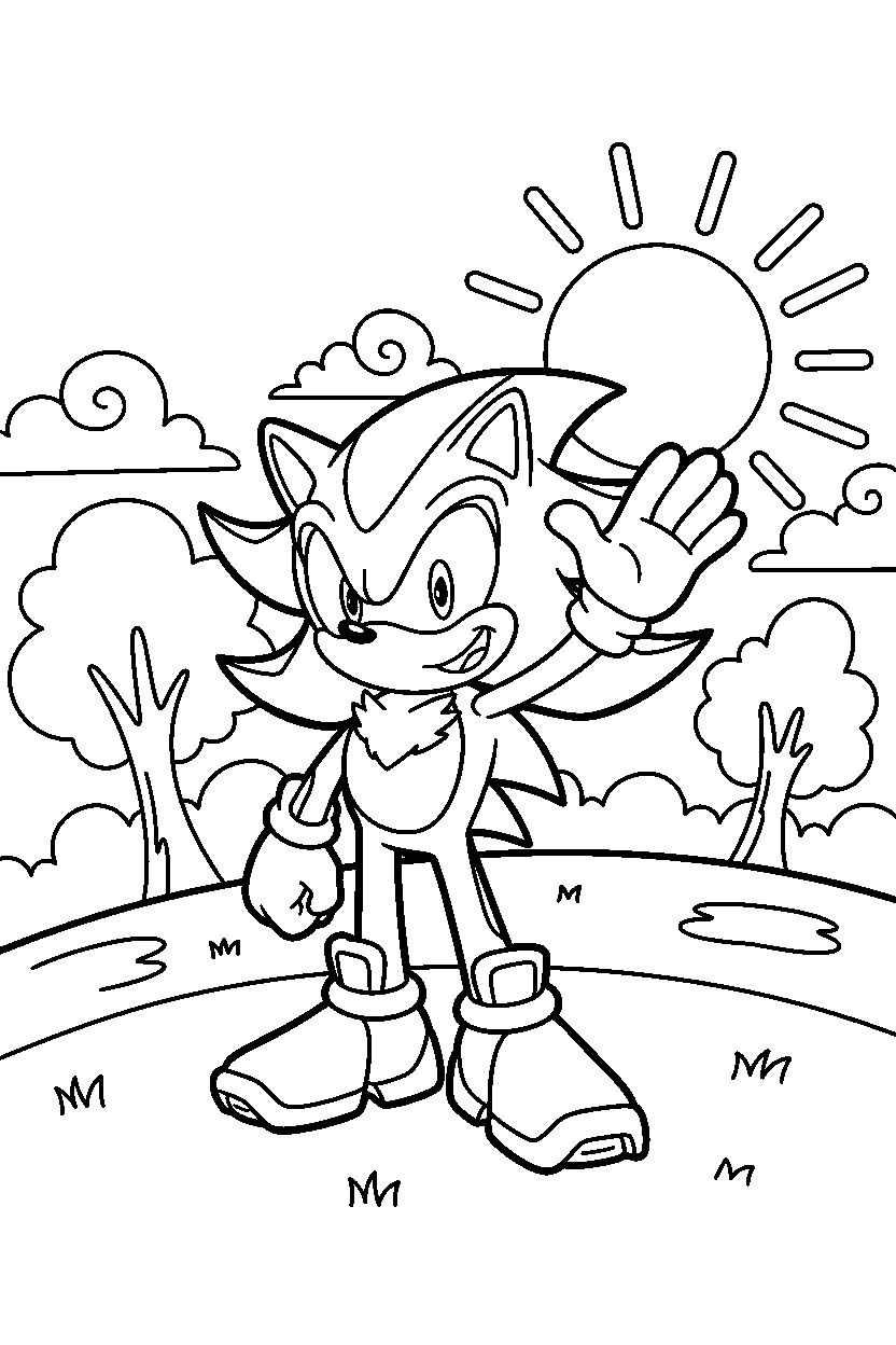 shadow the hedgehog waving happily in green hill zone line art