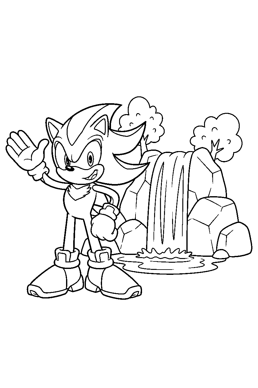 shadow the hedgehog waving happily near a waterfall line art