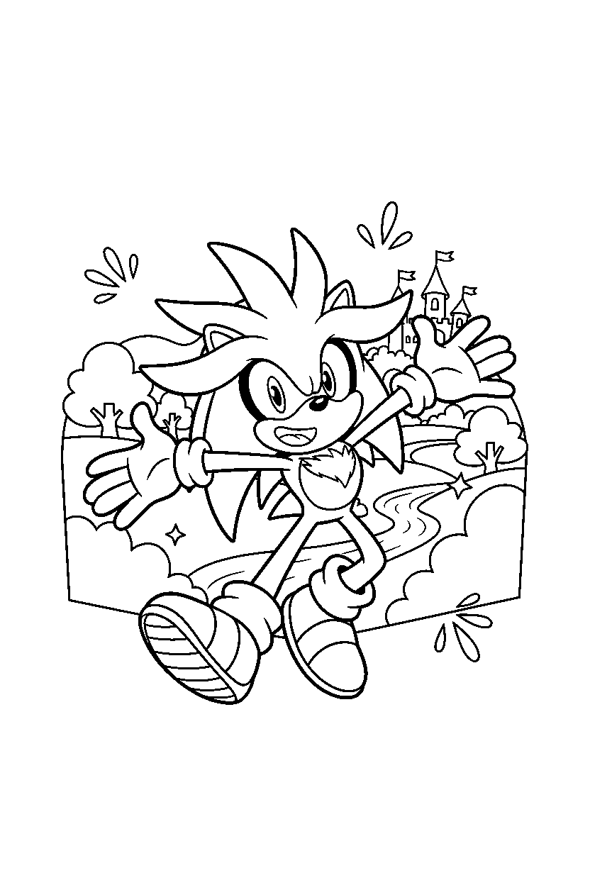 silver the hedgehog celebrating happily in a bright adventure land line art