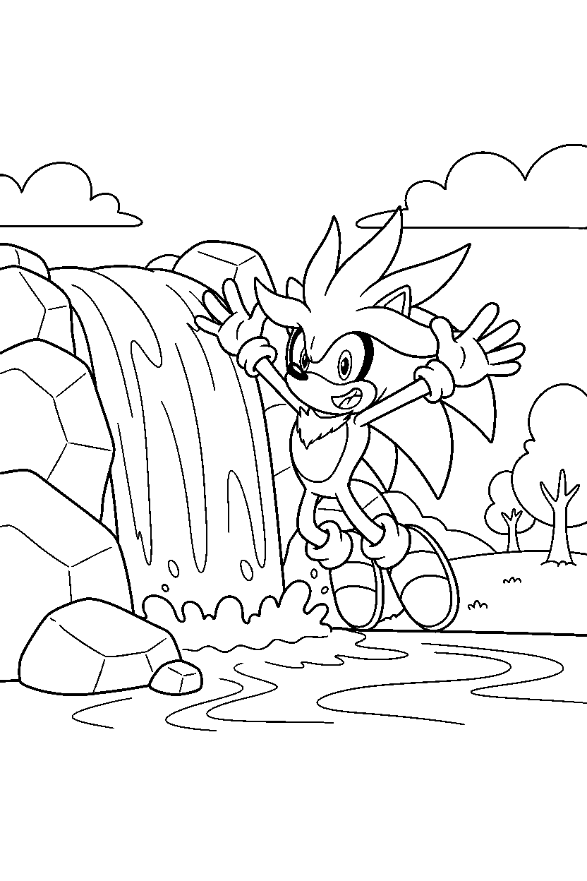 silver the hedgehog celebrating happily near a waterfall line art