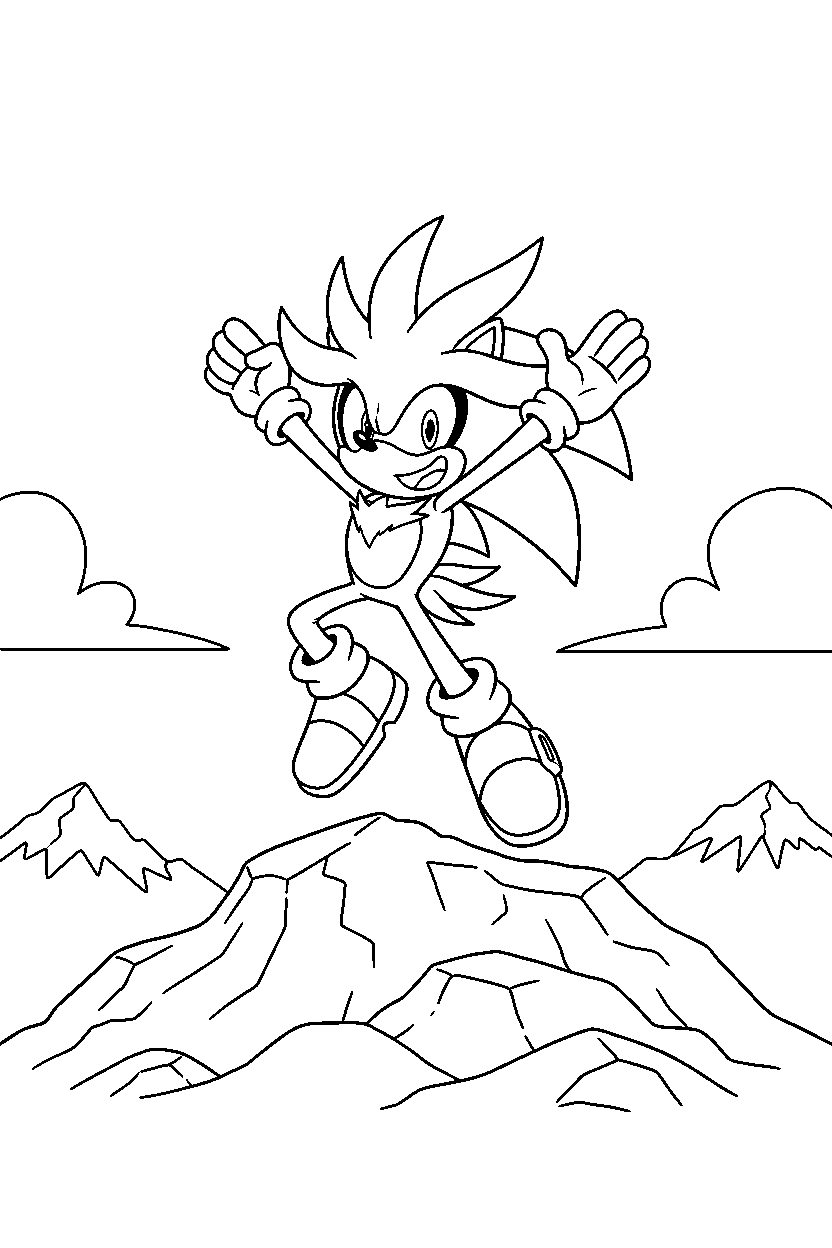 silver the hedgehog celebrating happily on a rocky hill line art