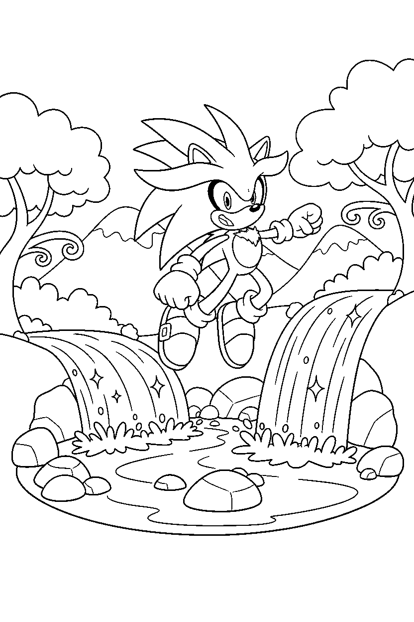 silver the hedgehog exploring happily near shining waterfalls line art